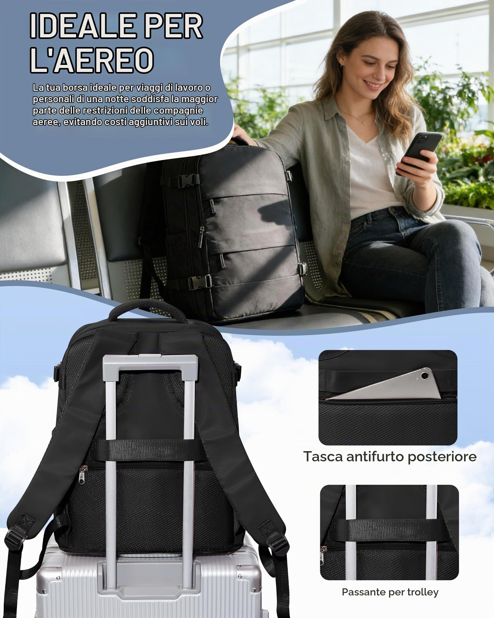 SEAFEW Borsa da Cabina per Ryanair 40x30x20 Zaino Sottovuoto da Viaggio con Pompa Aereo Bagaglio a Mano per Easyjet Impermeabile Lavoro e Scuola Trekking Casual Daypack per 14" laptop,A01-Nero