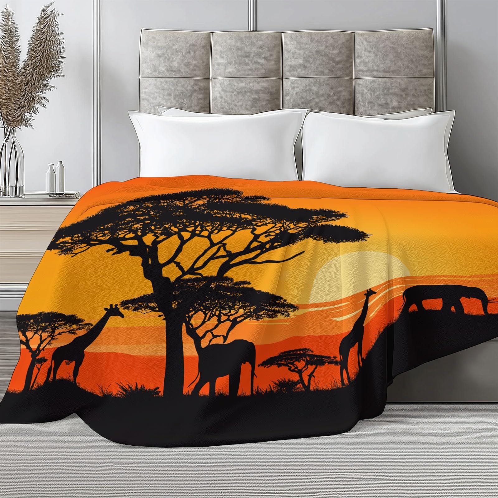 Superweich Warm Orangegelb Decke 150 x 200 cm, Afrika Savanne Tiere Leicht Gemütlich Flanell Überwurf Decke für Bett Couch Sofa Büro Dekoration - Damen und Herren