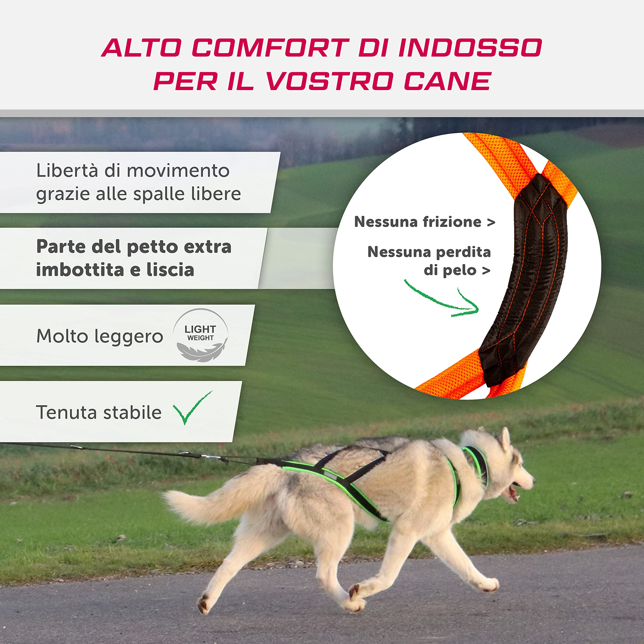 Imbracatura per cani da traino X-Back per bikejoring, Canicross, Scooter, Skijoring, Dog-Trekking, Sleddog - nero arancio neon