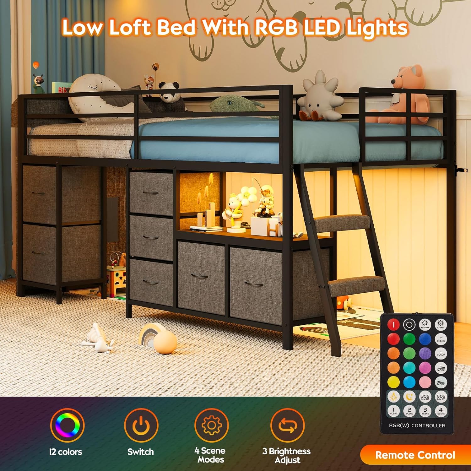 Low Loft Bed with 7 Storage Drawers and Bookcase, Twin Low Loft Bed for Kids with 14" H Safety Guardrail, Inclined Ladder and LED Lights, Under-Bed Play Space, Steel Slat Support, Gray