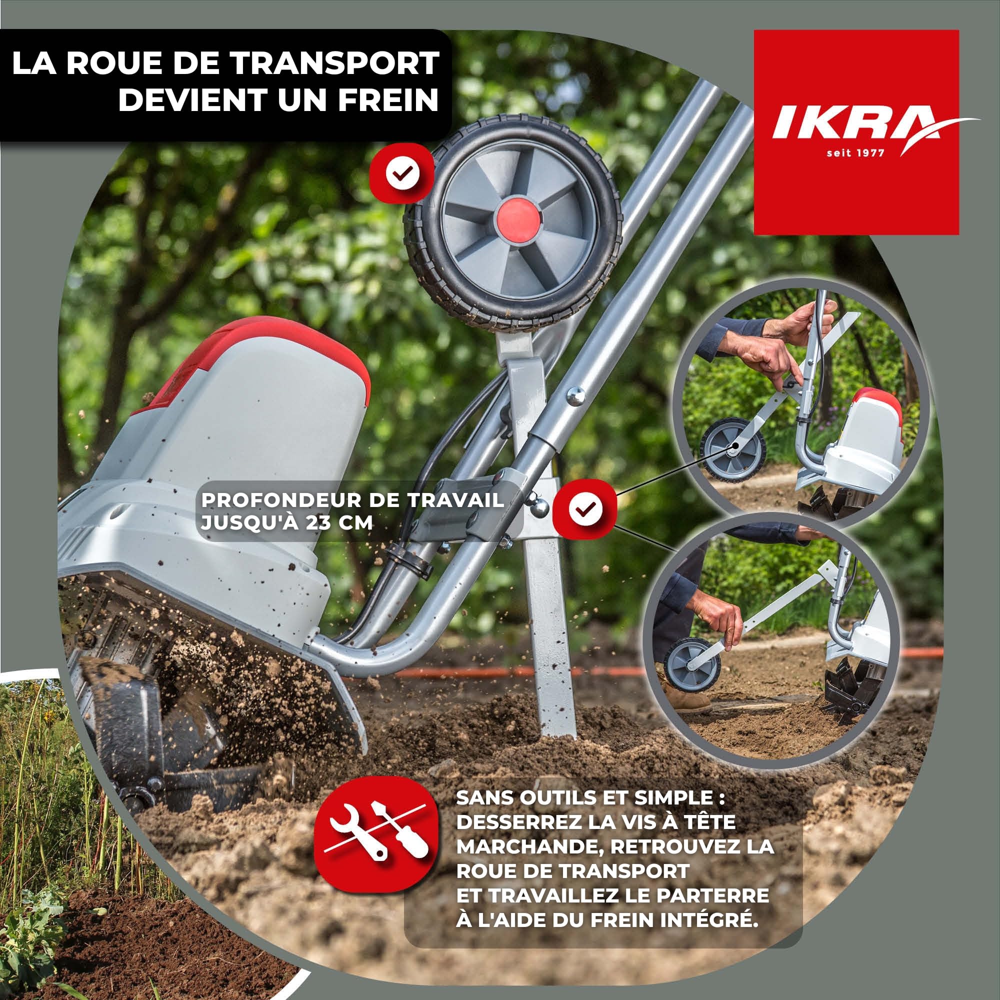 IKRA cultivateur électrique IEM 800S, largeur 30 cm, profondeur 20 cm | 800 W, talon de freinage, roue de transport, pliable pour un encombrement réduit, protection contre les surcharges