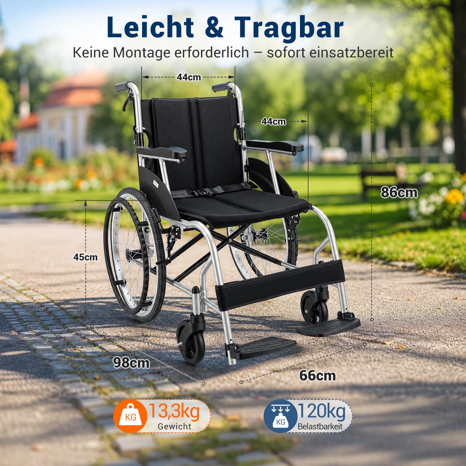 Care-parents Sedia a rotelle pieghevole leggera, 13,3 kg, in alluminio, larghezza della seduta 43 cm, doppio freno, sedia a rotelle pieghevole con autopropulsione, braccioli fissi e poggiapiedi, per