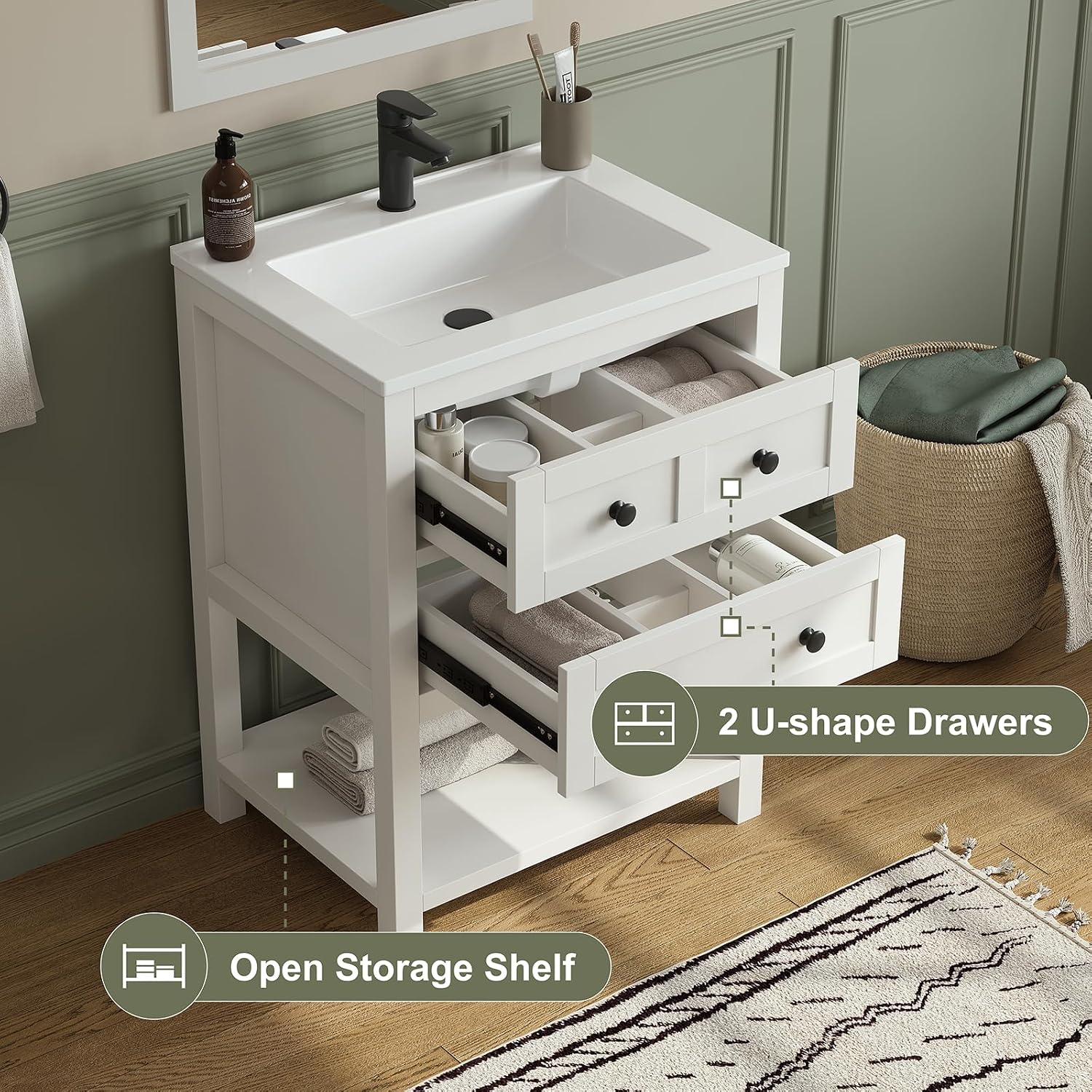 24 Inch Bathroom Vanity with Sink,Modern Bathroom Single Sink Vanity, Storage Cabinet with Drawers& Storage Shelf, Solid Surface Composite Top, White
