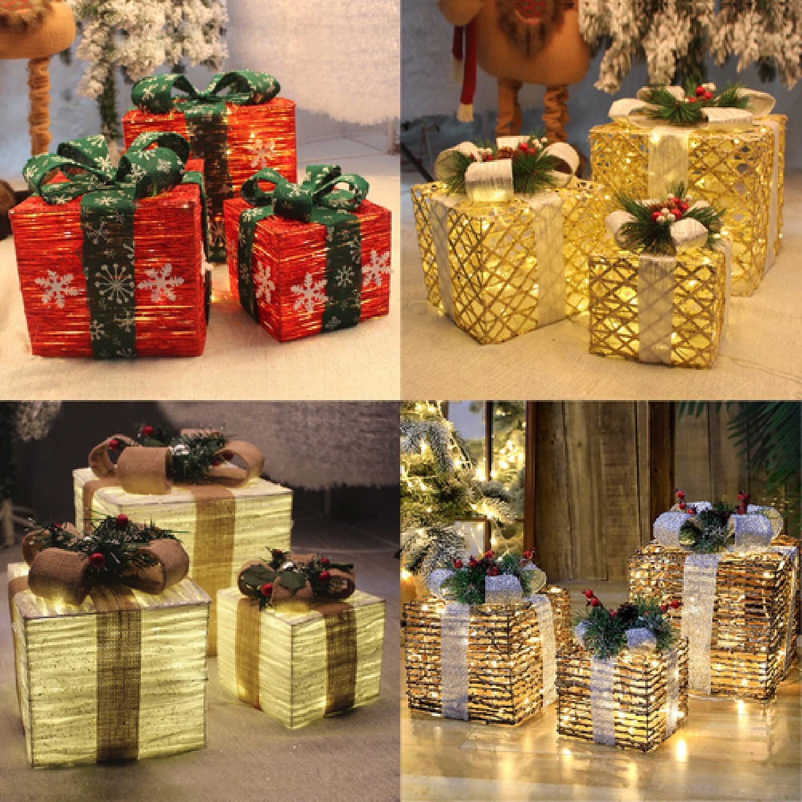 Cajas de regalo para Navidad, Juego de 3 cajas iluminadas con lazos, arte del hierro LED, decoración iluminada de ratán, cajas iluminadas for regalos al aire libre for decoraciones navideñas en el hog