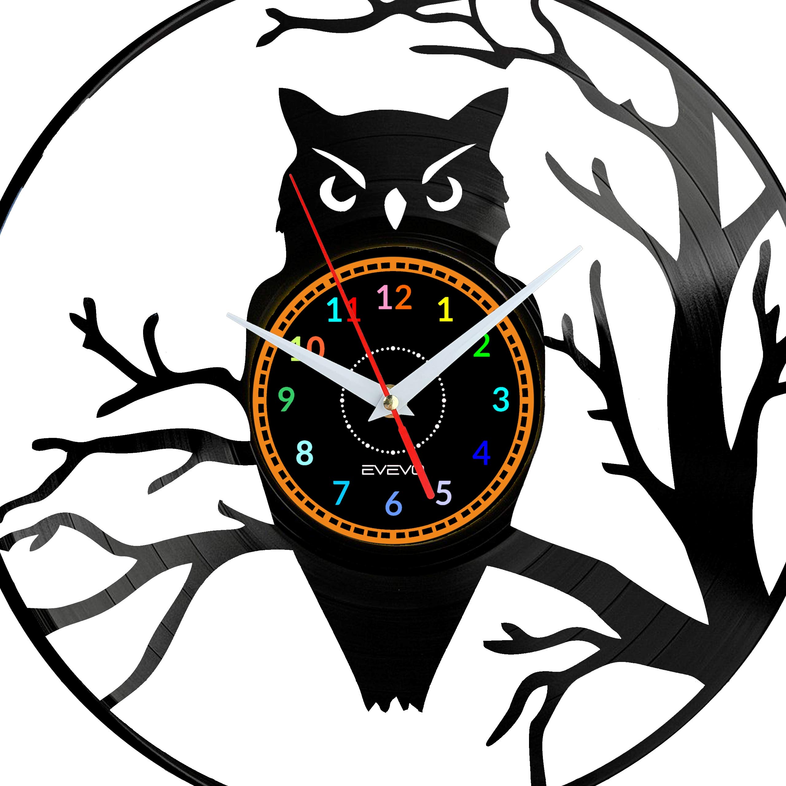 EVEVO Owl Vinyl Wall Clock – Modern Decorative Bird Design Wall Clock Original Gift for Owl Lovers and Nature Inspired Interiors W1662