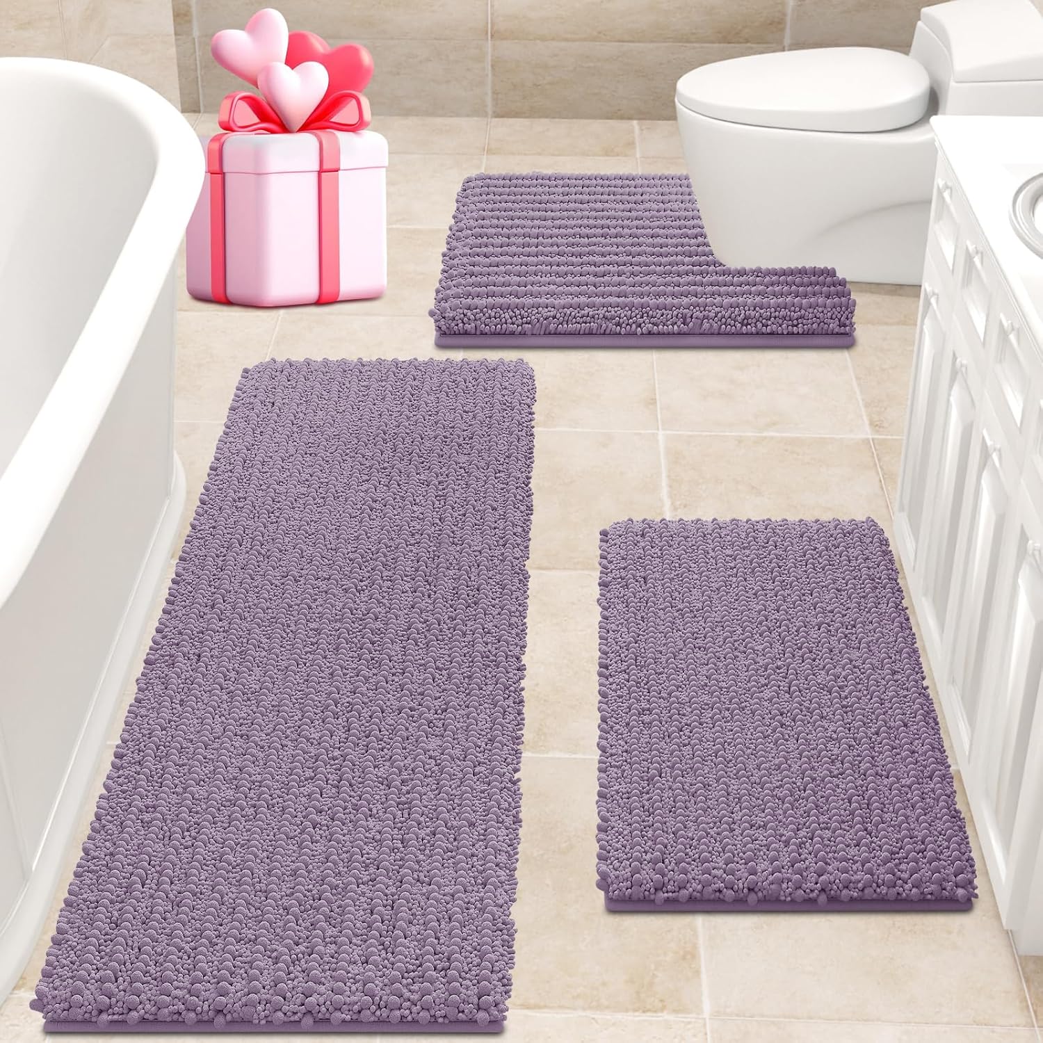 ACCUMTEK Upgrade Extra Large Lavender Bathroom Rug Set 3 Pieces Ultra Soft, Thick Absorbent Bath Mats, Non Slip Chenille Toilet Mat for Bathroom, Bedroom, Kitchen 48"x20"+ 24"x17"+ U Shape 20"x24" Lavender