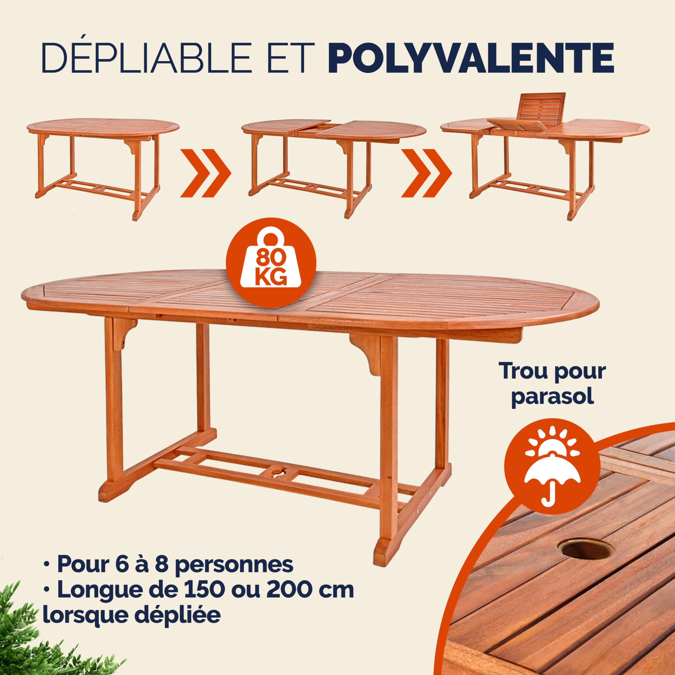 Casaria® Salon De Jardin Extérieur Papillon - Table De Jardin Extensible 200 cm Et 6 Chaises avec Accoudoirs - Bois D'eucalyptus FSC® - Ensemble Pliable Résistant Et Durable avec Trou pour Parasol