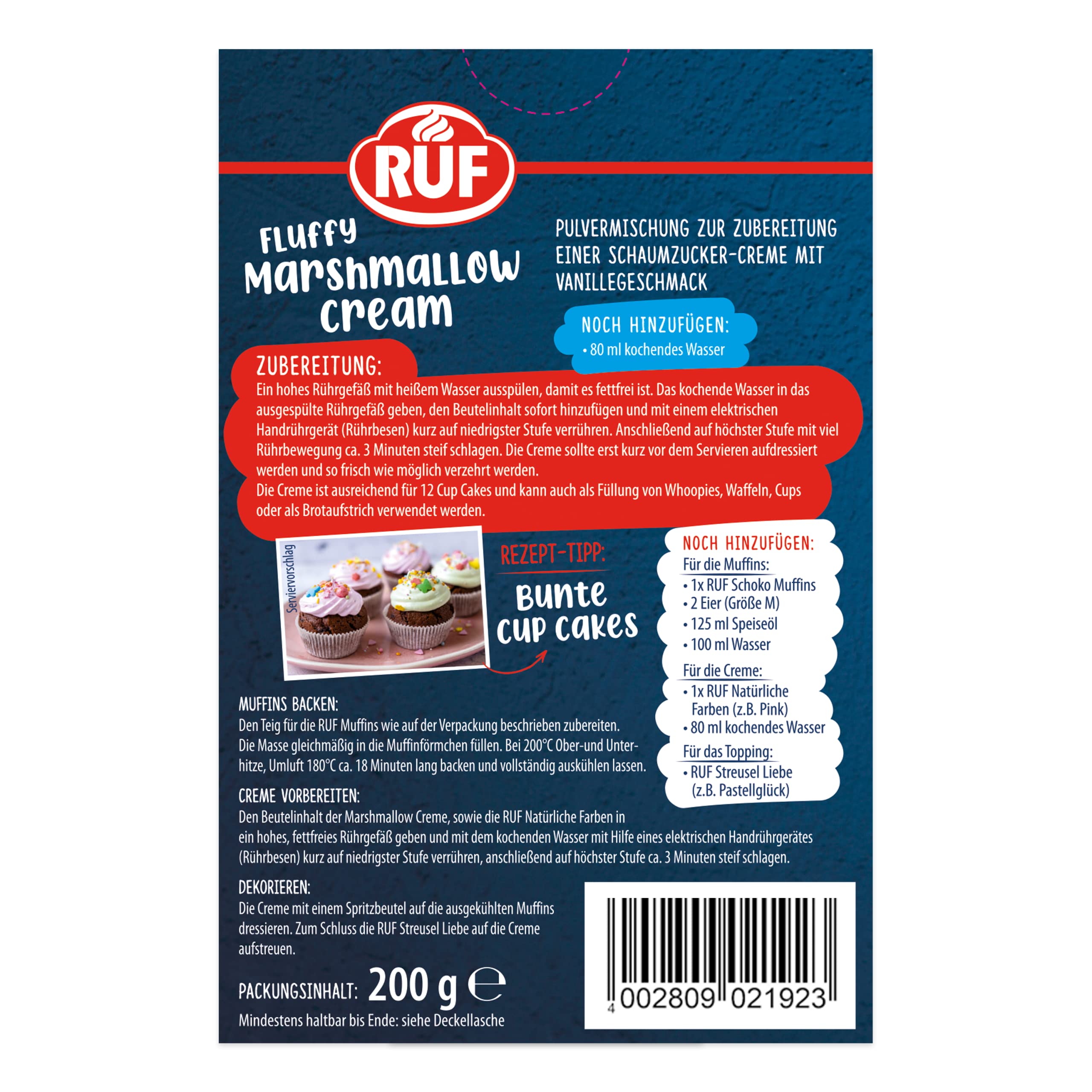 RUF Crema de malvavisco Fluffy para pasta de azúcar, crema para untar dulce o crema de pastelería esponjosa para pasteles y cupcakes, preparación rápida, 1 x 200 g