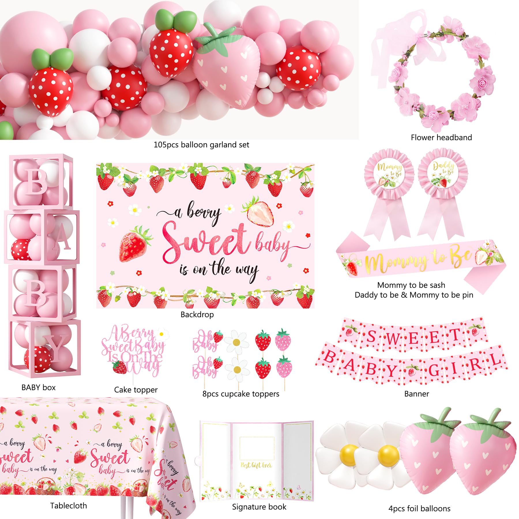 Strawberry Baby Shower Decorations, A Berry Sweet Baby Is On The Way Party Supplies, It's a Girl Gender Reveal, Backdrop Balloon Arch Box Mom to Be Sash Dad to Be Pin Tablecloths Cake Topper