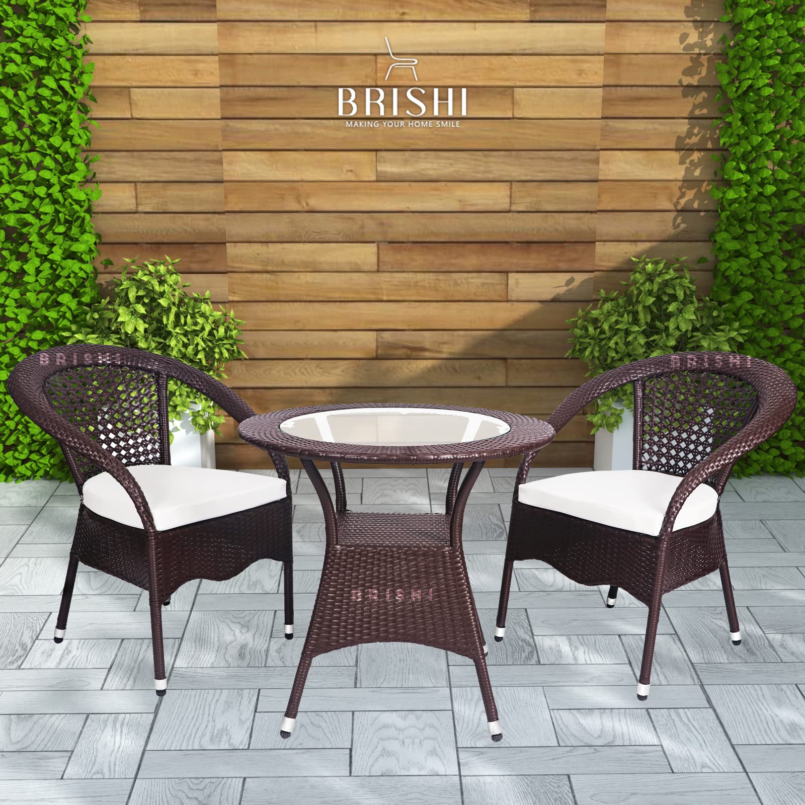 BRISHI Garden Patio Seating Chair and Table Set Outdoor Balcony Garden Coffee Table Set Furniture with 1 Table and 4 Chairs Set with Cushion (Dark Brown) (2 Chair 1 Table)-image-39