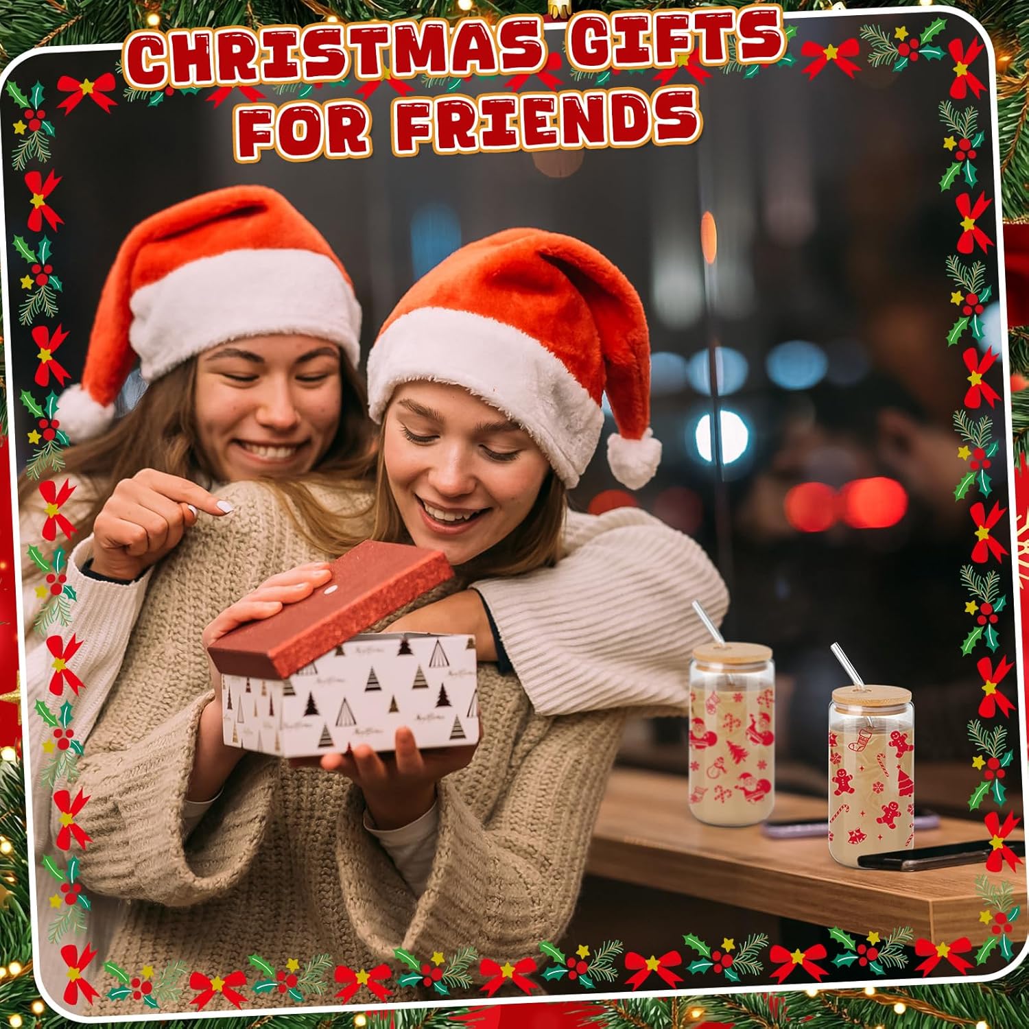 12 Sets Christmas Gifts 16 oz Christmas Color Changing Cups Burgundy Santa Claus Elk Xmas Tree Glass Coffee Cups with Bamboo Lid Straw for Xmas Decorations Party Supplies