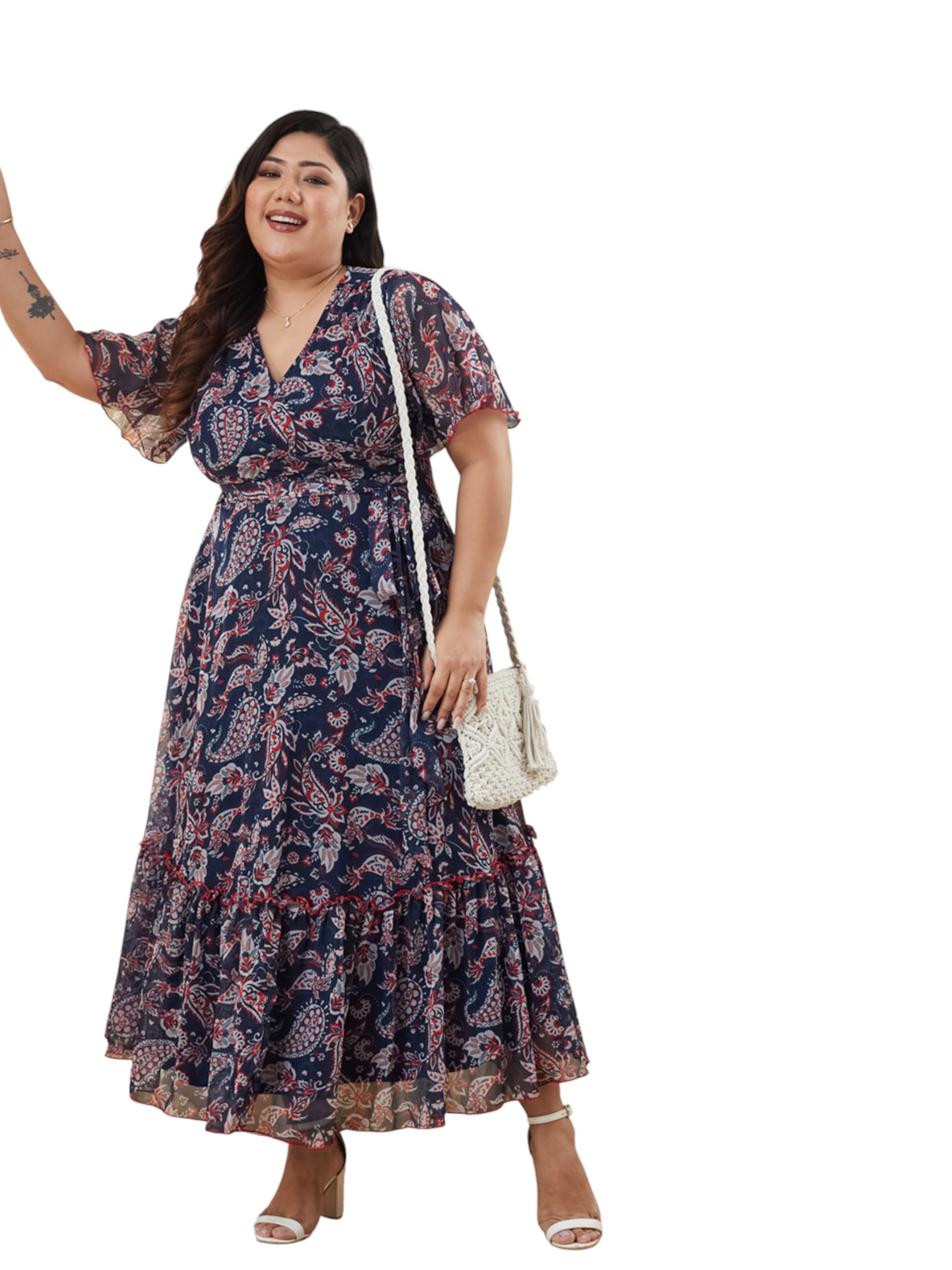 miss chase a+ Women's Floral Wrap Chiffon Maxi Dress with Flutter Sleeves Frilled Hem-picture-46