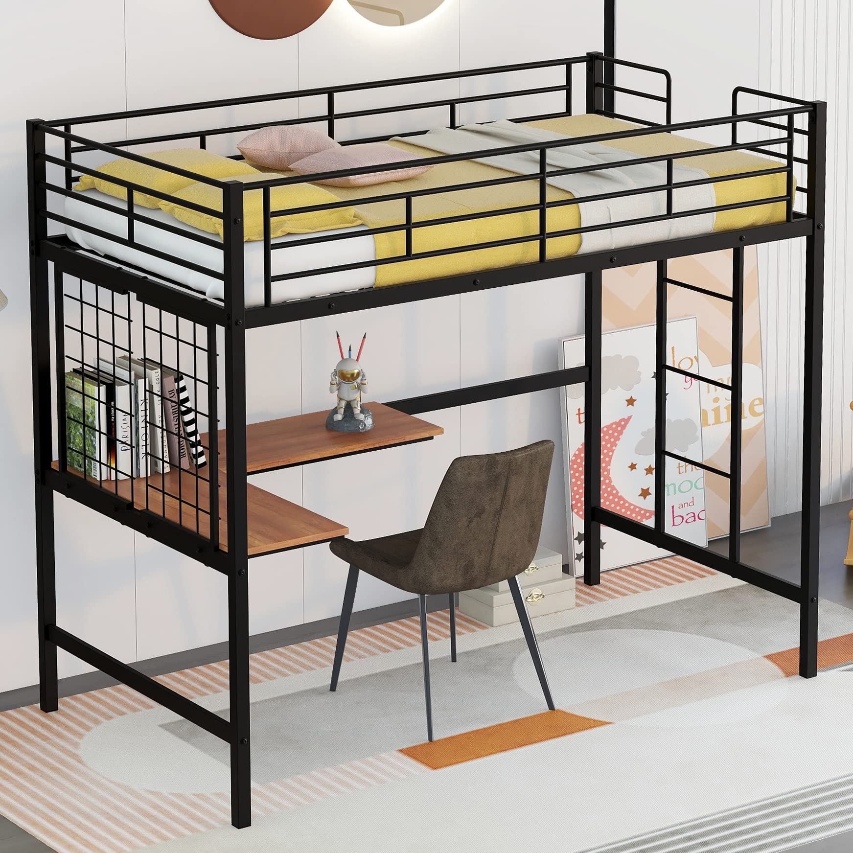 Buy Loft Bed with Long Desk, Twin Size Metal Loft Bed Frame with Full