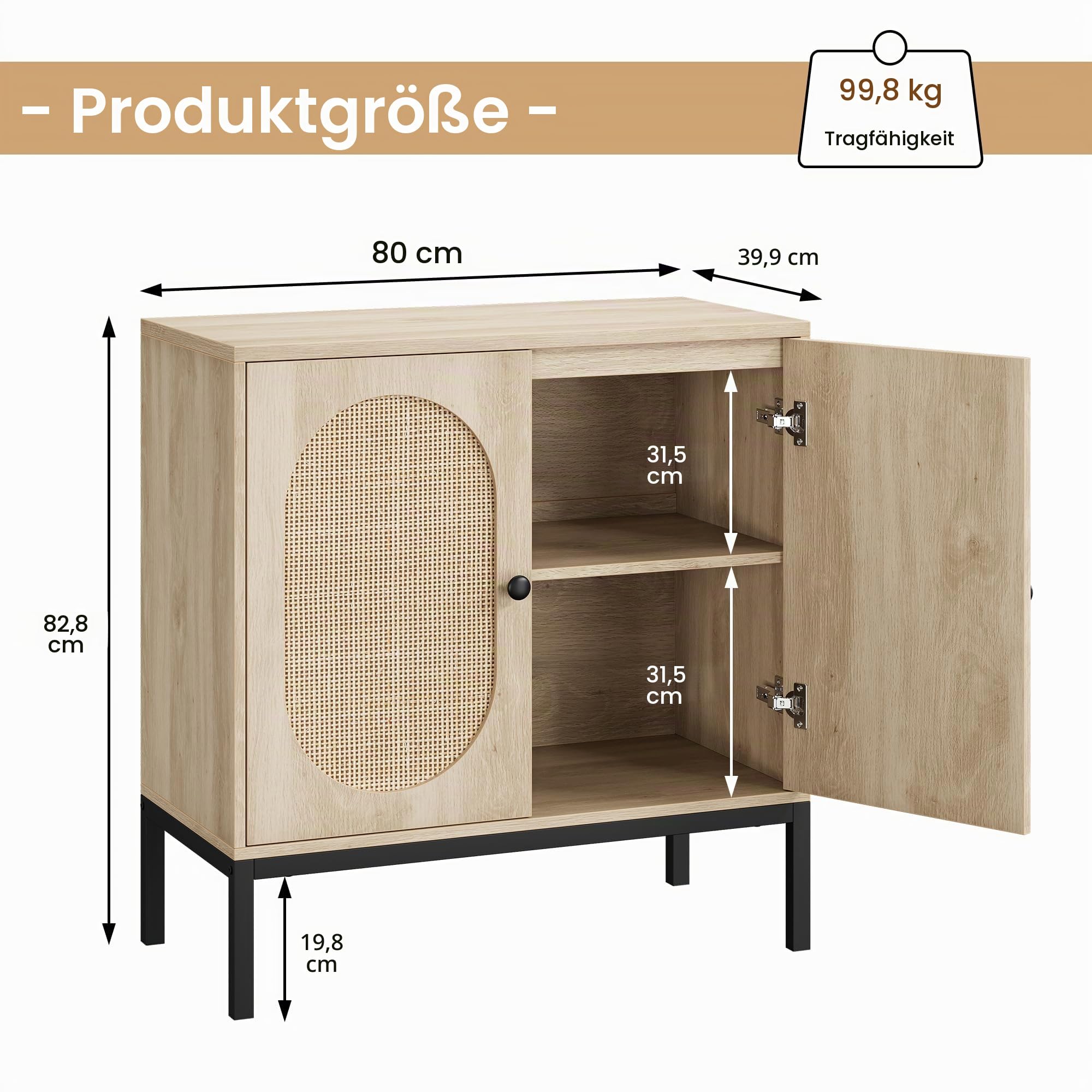 Rattan Sideboard, Küchenschrank, Buffet-Schrank mit 2 Türen & Verstellbaren Einlegeboden & Hoch Metallrohr Bein, 80x40x83cm, Küchenschrank Holz für Küche, Esszimmer, Wohnzimmer
