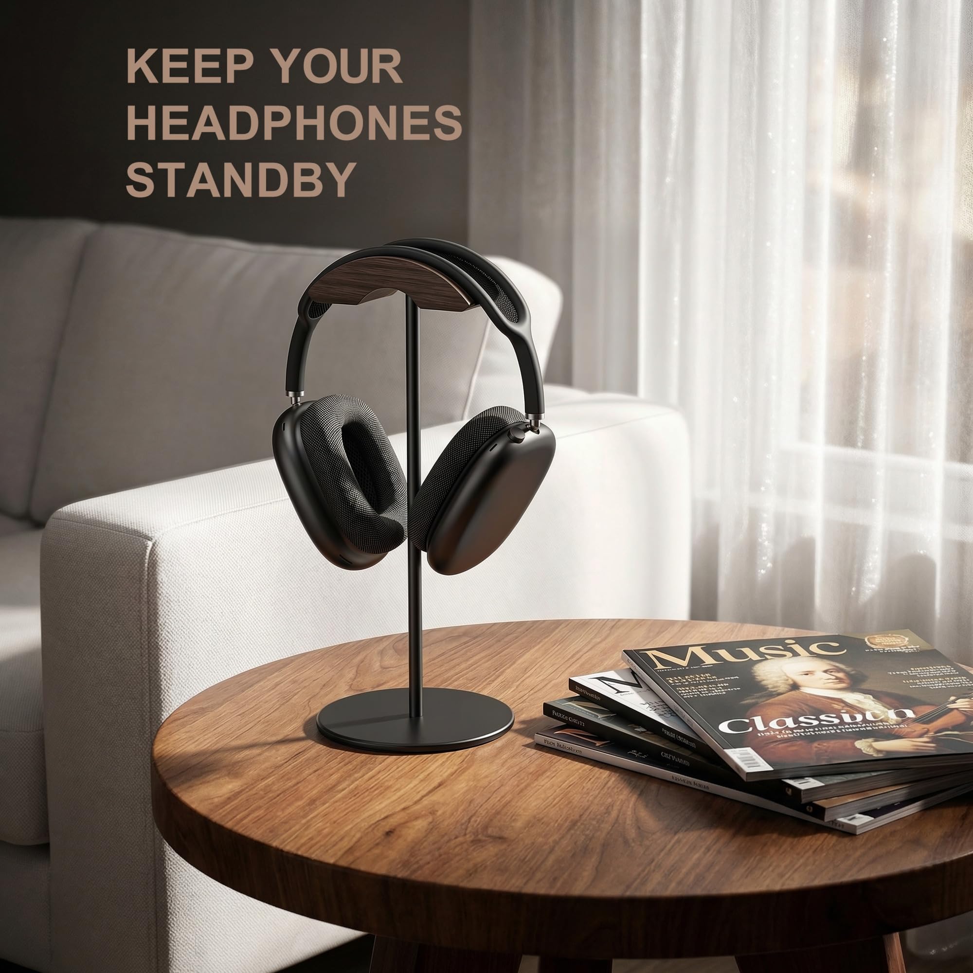 Supporto per Cuffie, Porta Cuffie Legno di Noce e Alluminio, Stand Headset da Gaming Noce Naturale con Base Solida, Adatto a Cuffie di Tutte le Dimensioni (Nero)