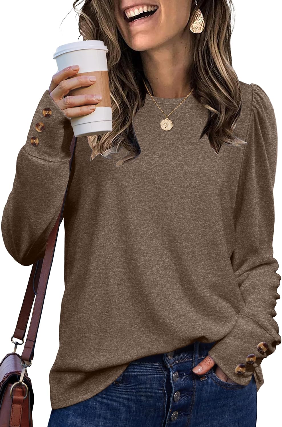 OFEEFAN Long Sleeve Shirts for Women Blouses Dressy Casual Womens Sweaters Puff Sleeve Fashion Clothing Tops with Buttons - Image 2