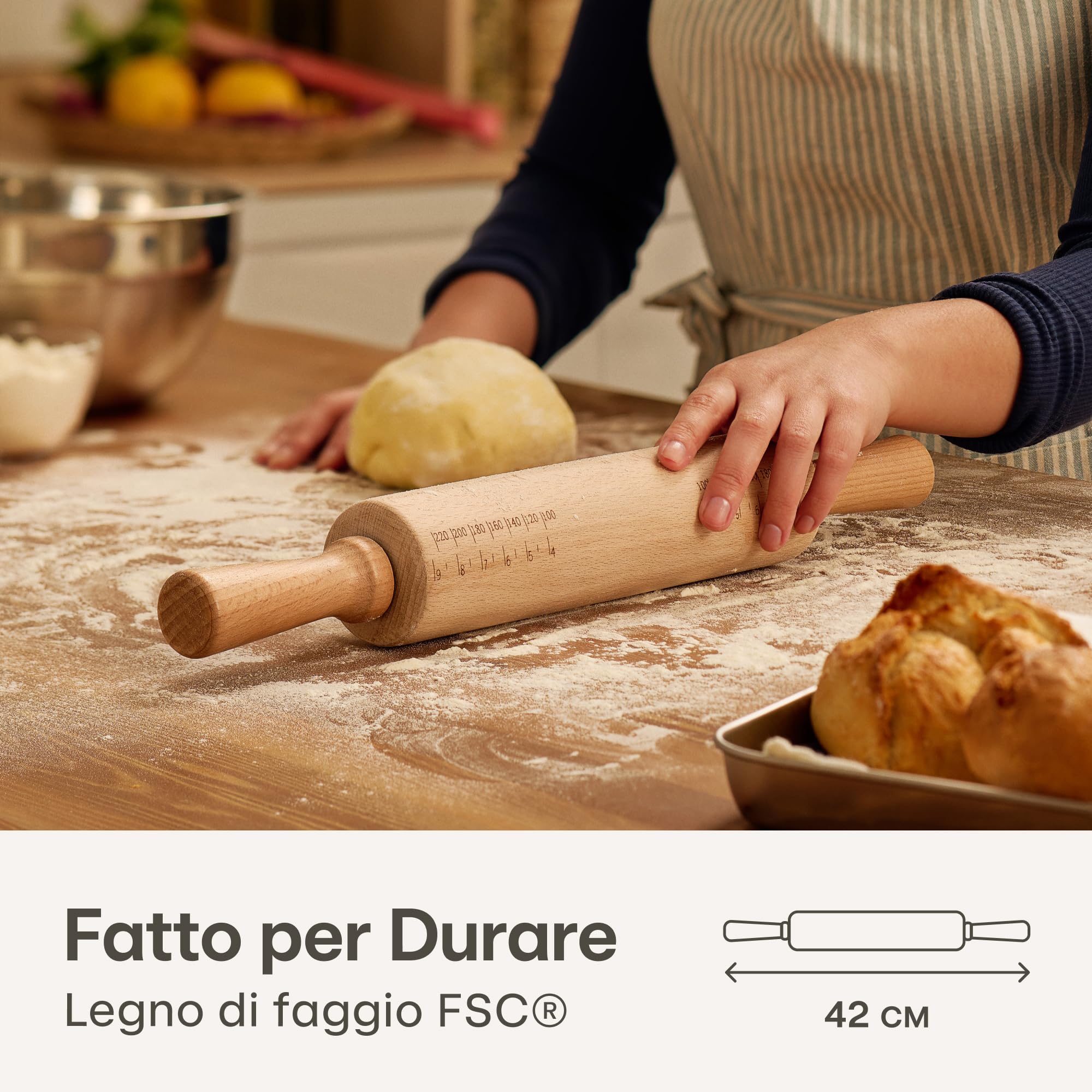 Praknu Matterello in Legno di Faggio FSC® - Con Misurazioni - Manico Ergonomico - Superficie Antiaderente - Con Borsa in Cotone