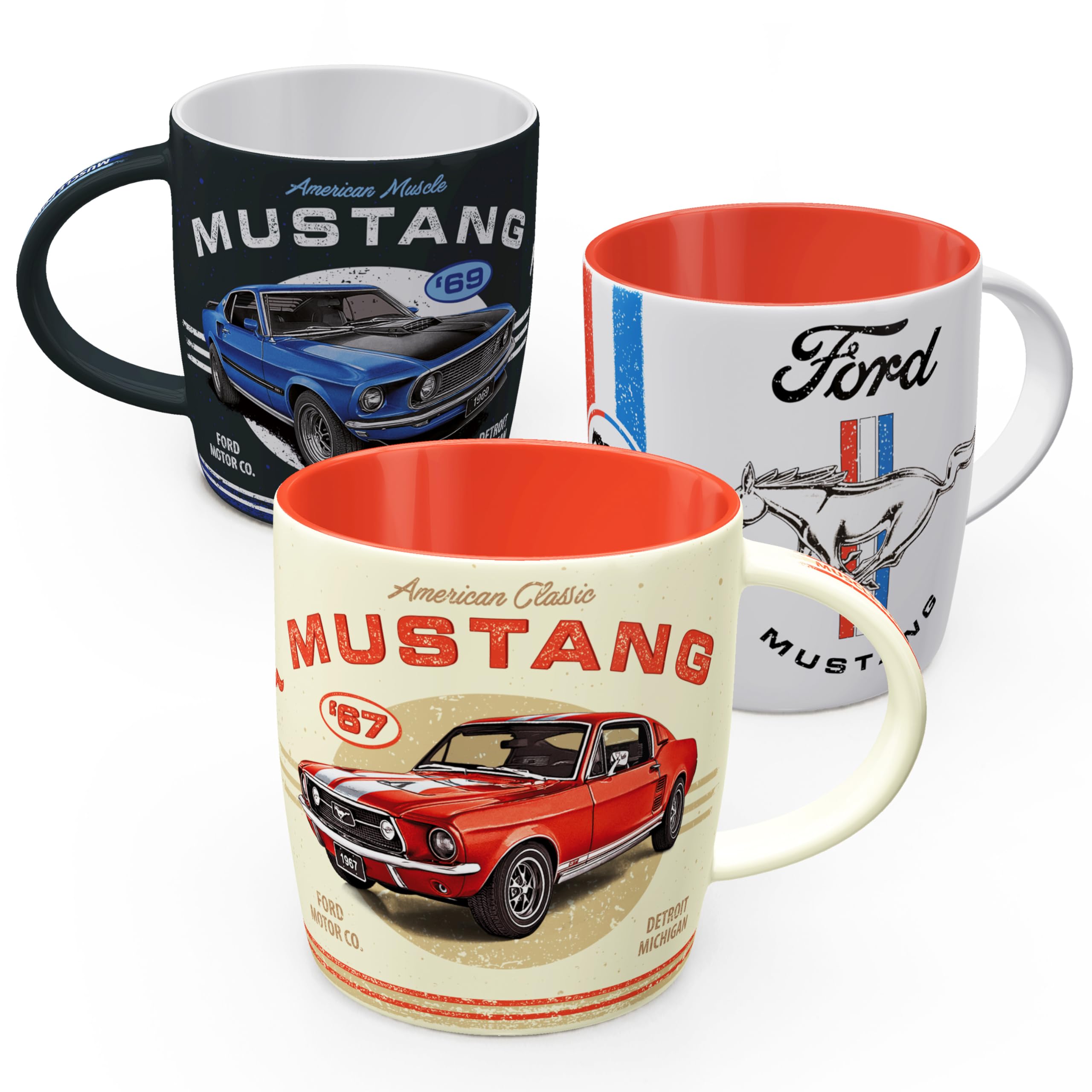 Nostalgic-Art Tasse à café rétro (Lot de 3), 330 ml, Ford Mustang Set 2 | original Ford license product (OLP), mug en céramique, design vintage, Idée cadeau pour fans de Ford