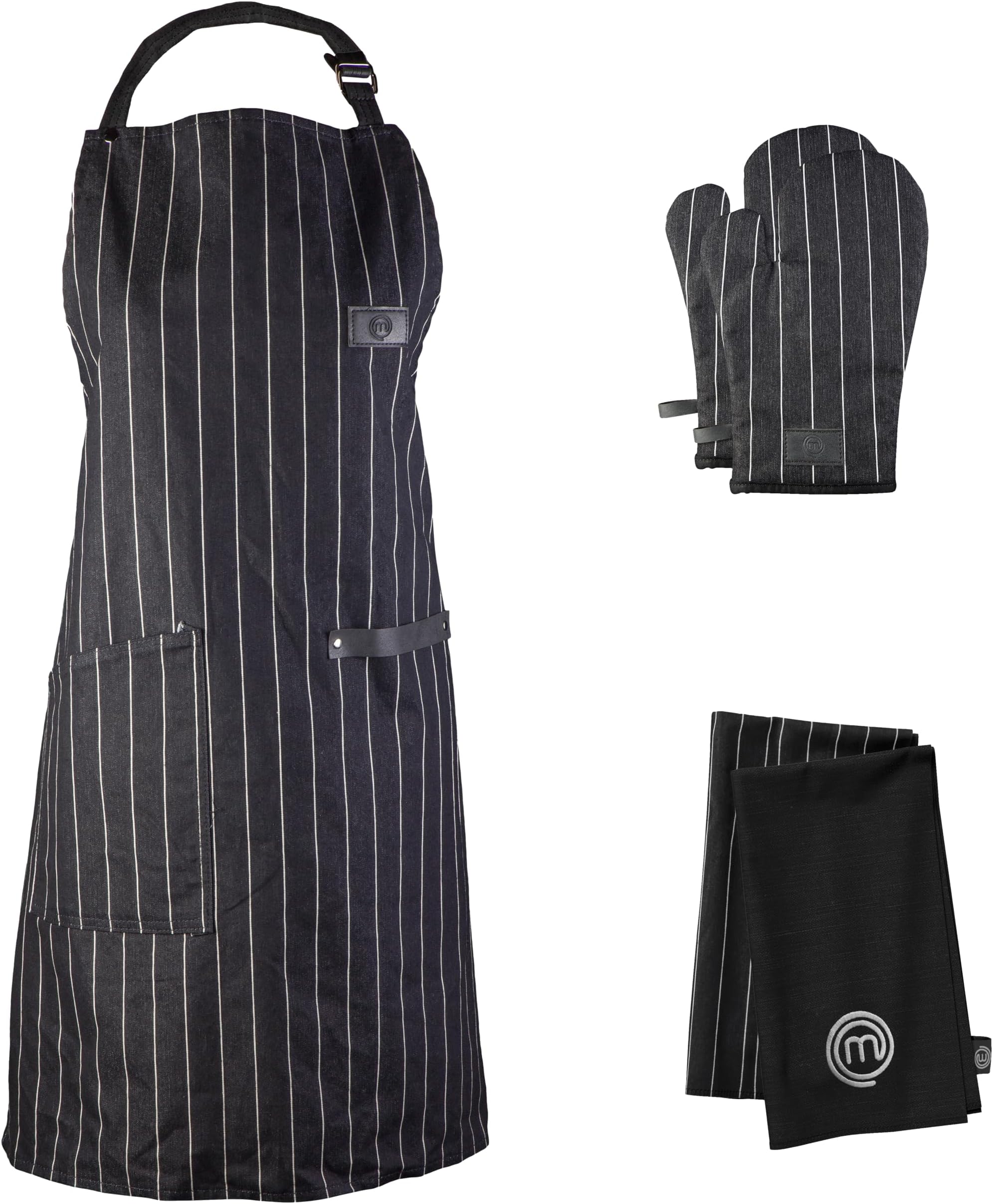 Kitchen Set of Cooking Gifts for Men & Women, 5pc Set includes Chef Apron, Pair of Oven Mitts & 2 x Kitchen Towels, Premium Quality Cotton with Official Logo, Essential Black