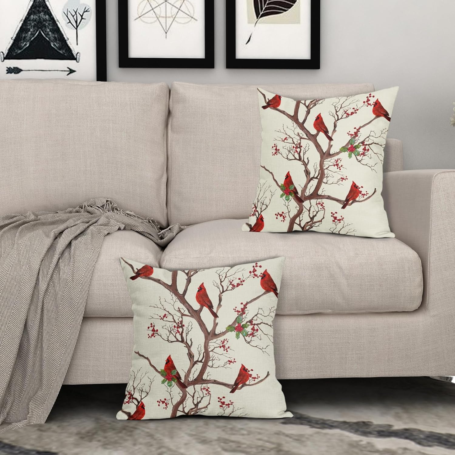 Red Winter Bird Pillow Covers 24x24 Set of 2 Rustic Christmas Bird Branches Leaf Print Decorative Outdoor Pillowcases Rustic Farmhouse Throw Cushion Case Decor for Couch Sofa Bed