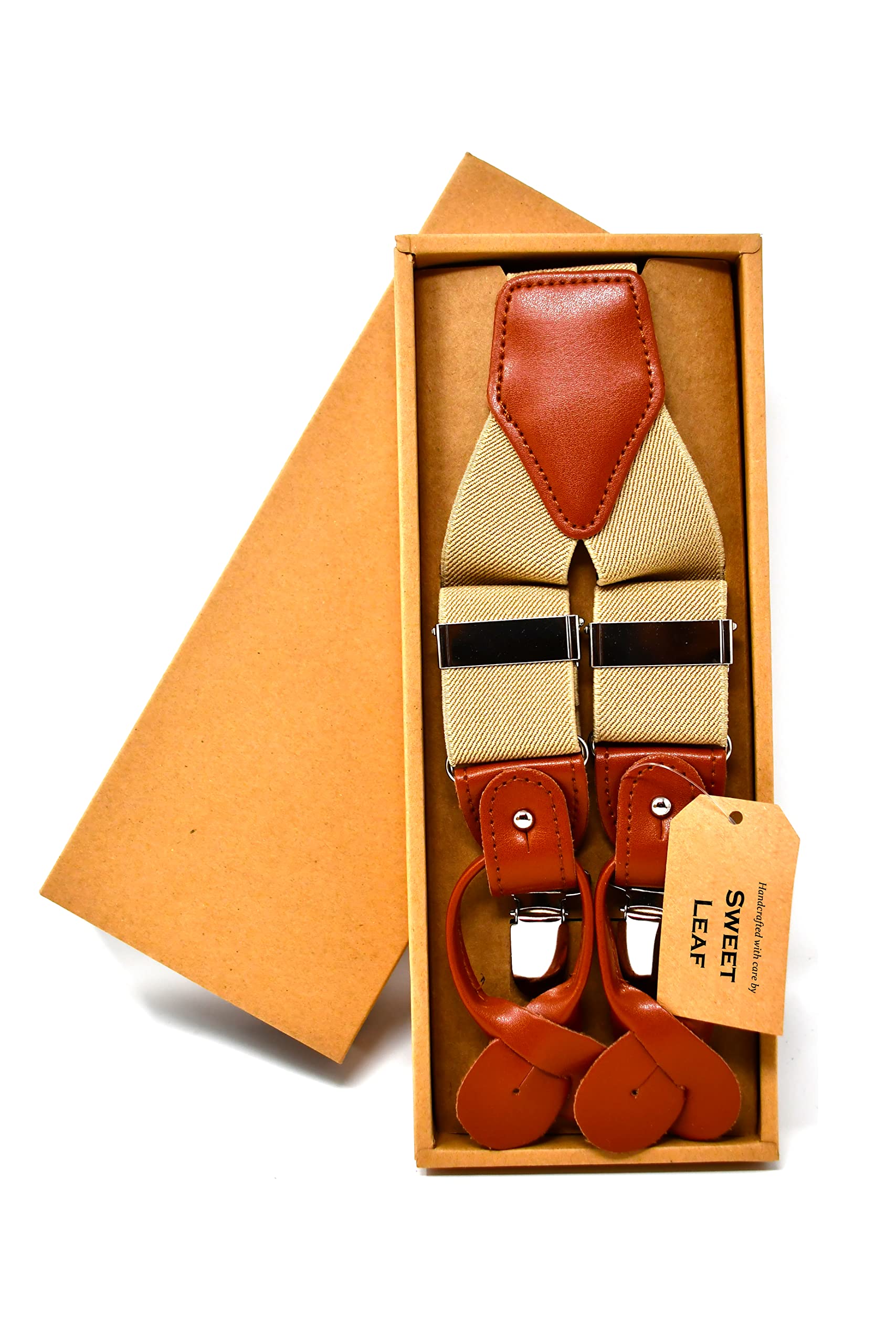 Sweet Leaf Bretelle Beige di alta qualità completamente Regolabili - 3 Clip o 6 Bottoni (personalizzabili)- Forma di Y - Classiche, Eleganti e Moderne