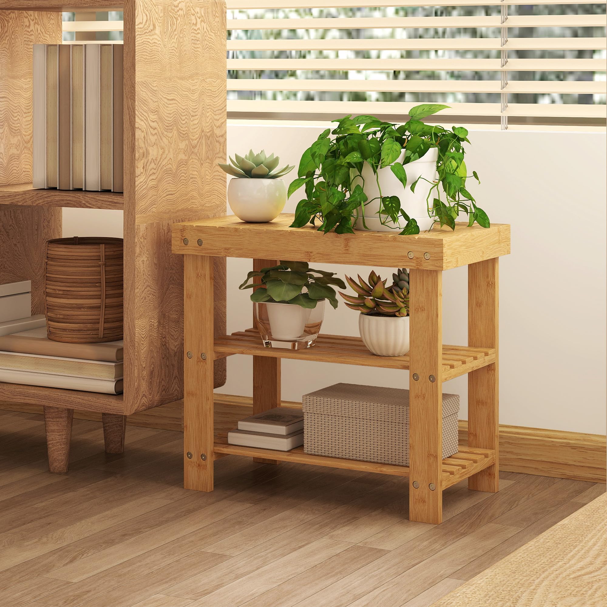 HOMCOM Ławka na buty z siedziskiem i schowkiem 2 półki 70x28x45 Naturalne