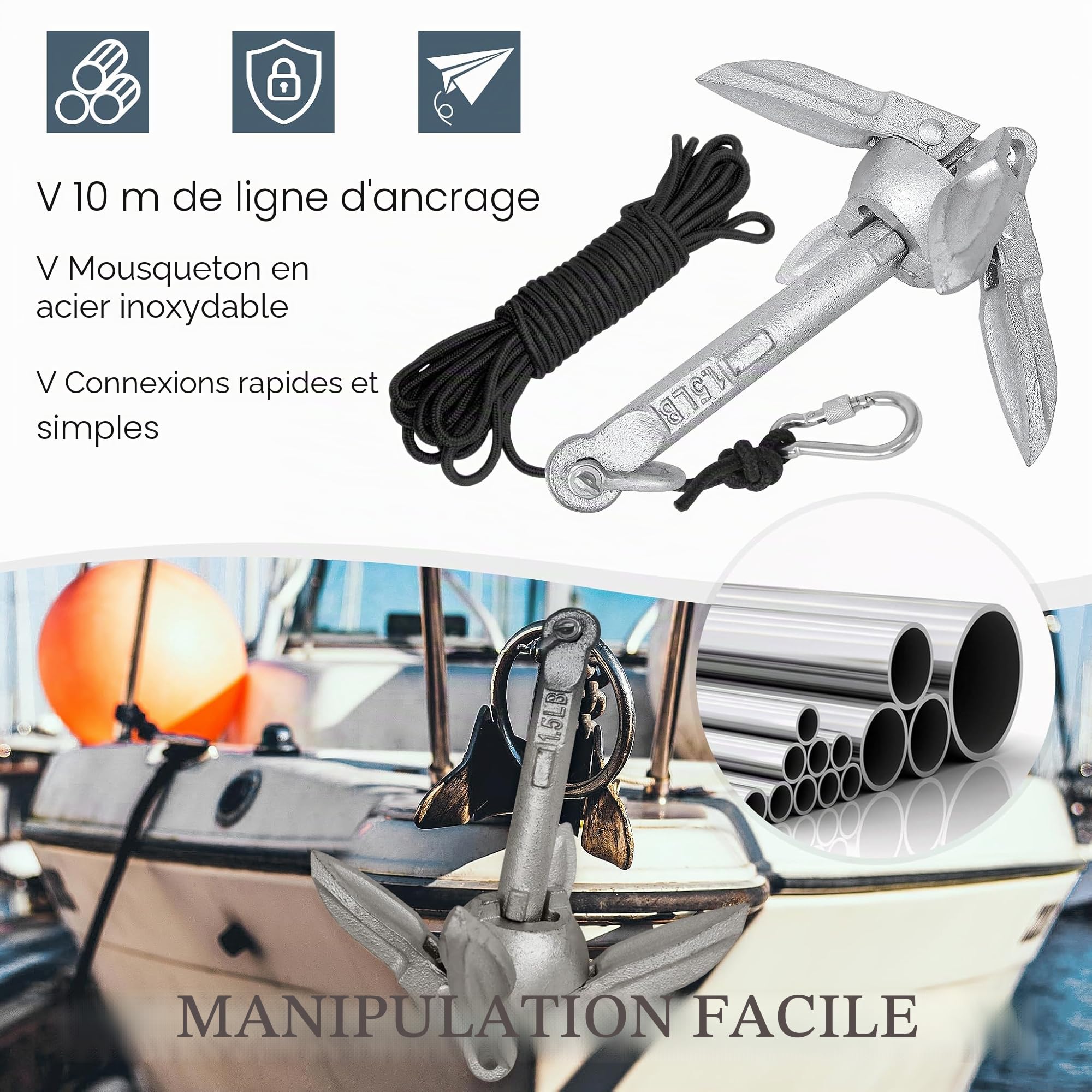 UISEBRT Ancre pliante galvanisée avec mousqueton, 10 m de ligne, bouée d'ancrage et sac de transport, ancre pliante pour bateau, SUP, kayak, bateau gonflable