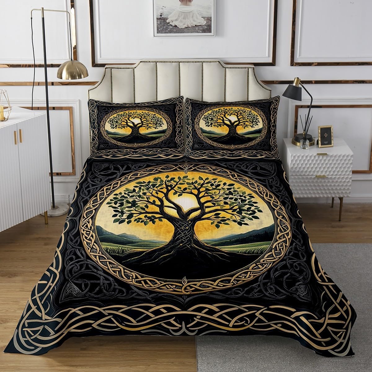 Castle Fairy Cherry Tree Bedspread King Size Natural Landscape Botanical Coverlet Set Kids Room Present Galaxy Nebula Bedroom Decor Bedding Set Dreamy Exotic Style Bedding with 2 Pillowcases