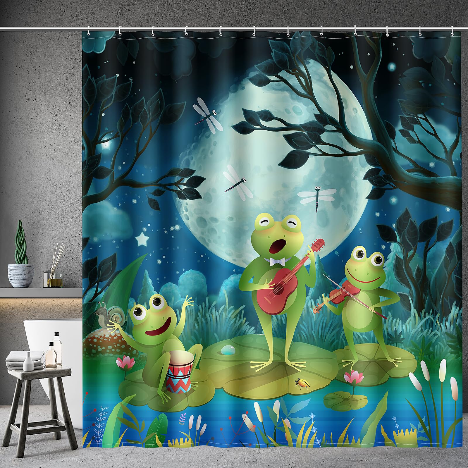 Aimego Funny Frog Shower Curtain - Cute Cartoon Frogs Dragonfly Lotus Leaf Floral Pond Wildflower Moon Fun Bath Shower Curtain Set with 12 Hooks for