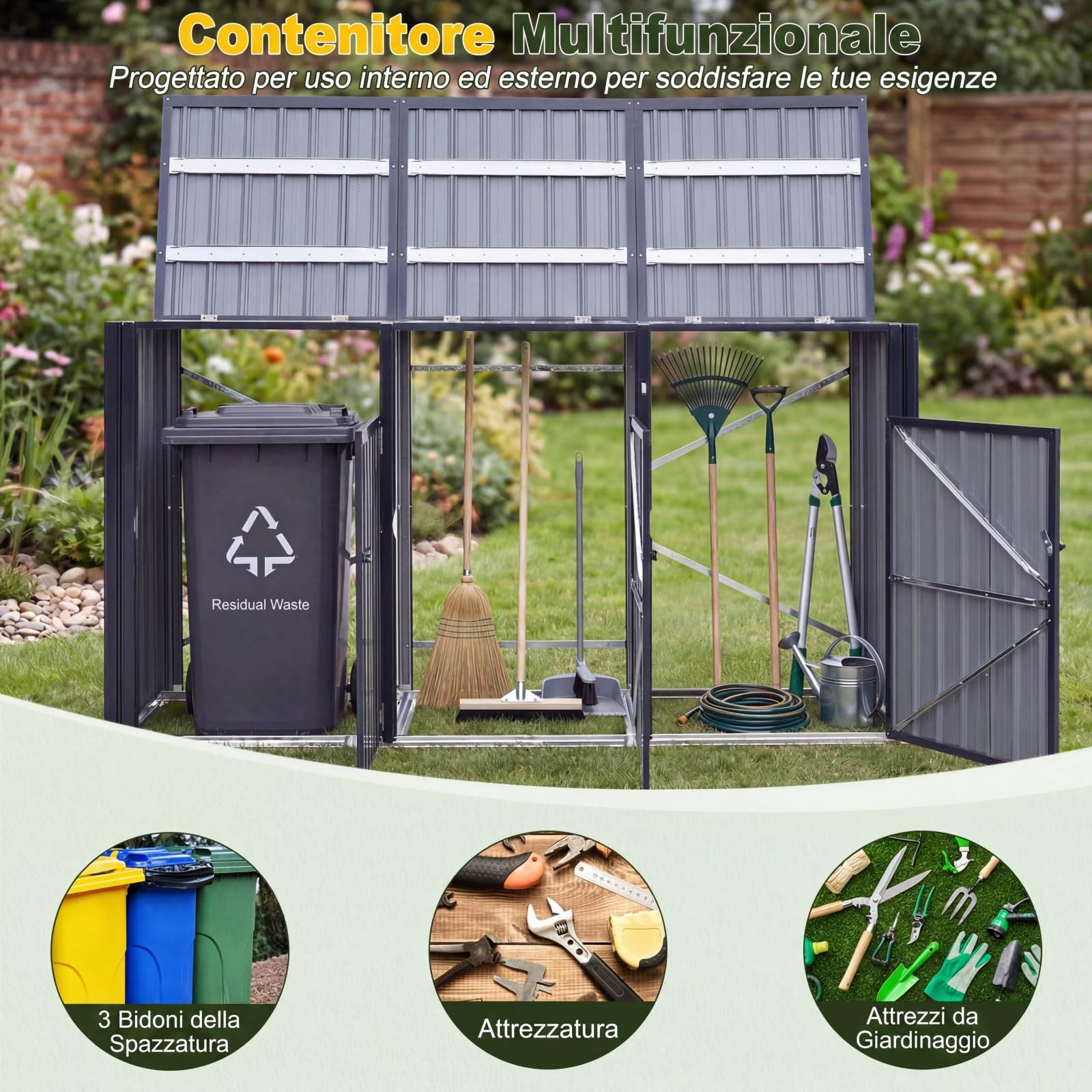 COSTWAY Copribidone Spazzatura Esterno 3 Scomparti con Porta Bloccabili | Contenitore per Raccolta Differenziata in Acciaio Zincato con Coperchi Apribili, da Giardino e Cortile 238 x 79,5 x 122 cm