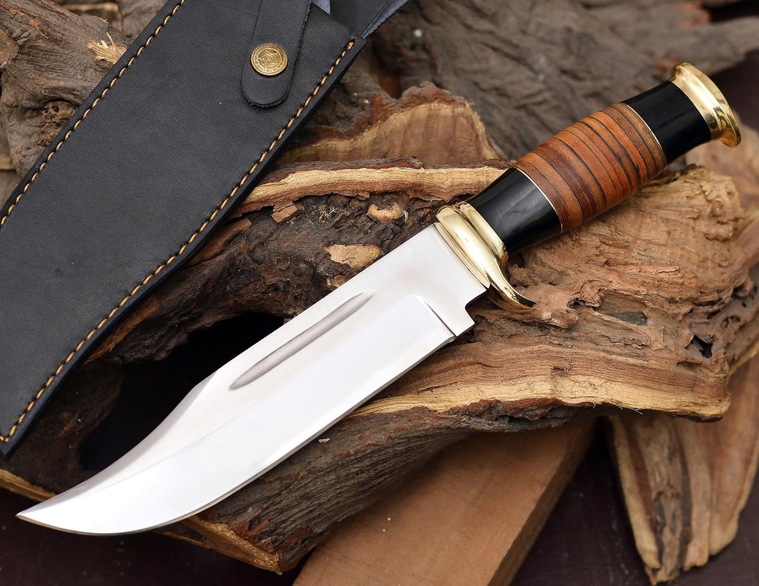 14" Crocodile Dundee Bowie Knife with D2 Steel -Mirror Polished Hunting Knife for Camping, Outdoor, Bushcraft- Knives for Men Horn and Leather Handle