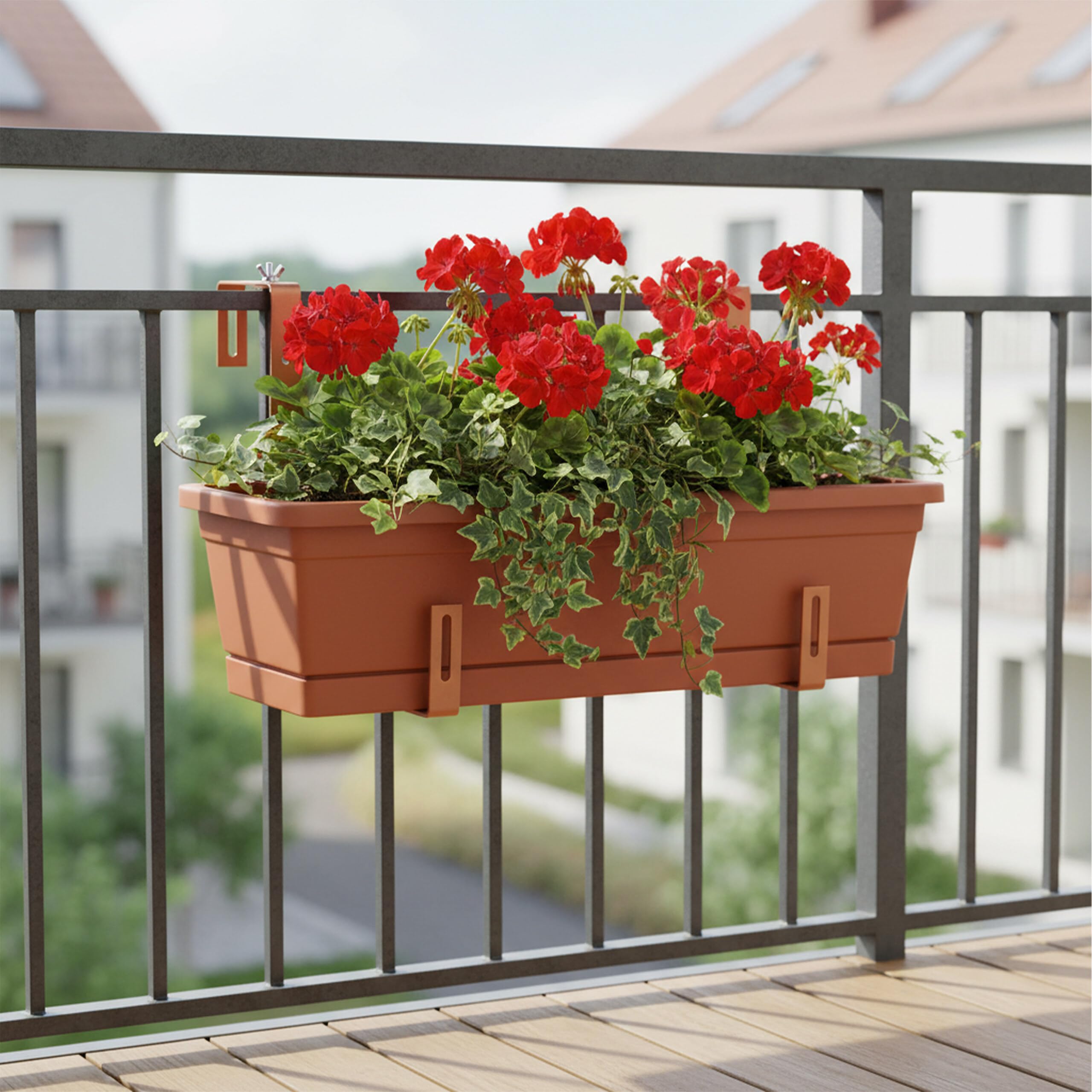 Relaxdays Supports pour jardinières réglables sans perçage métal pour balustrades, Marron Clair 17x2x34 cm