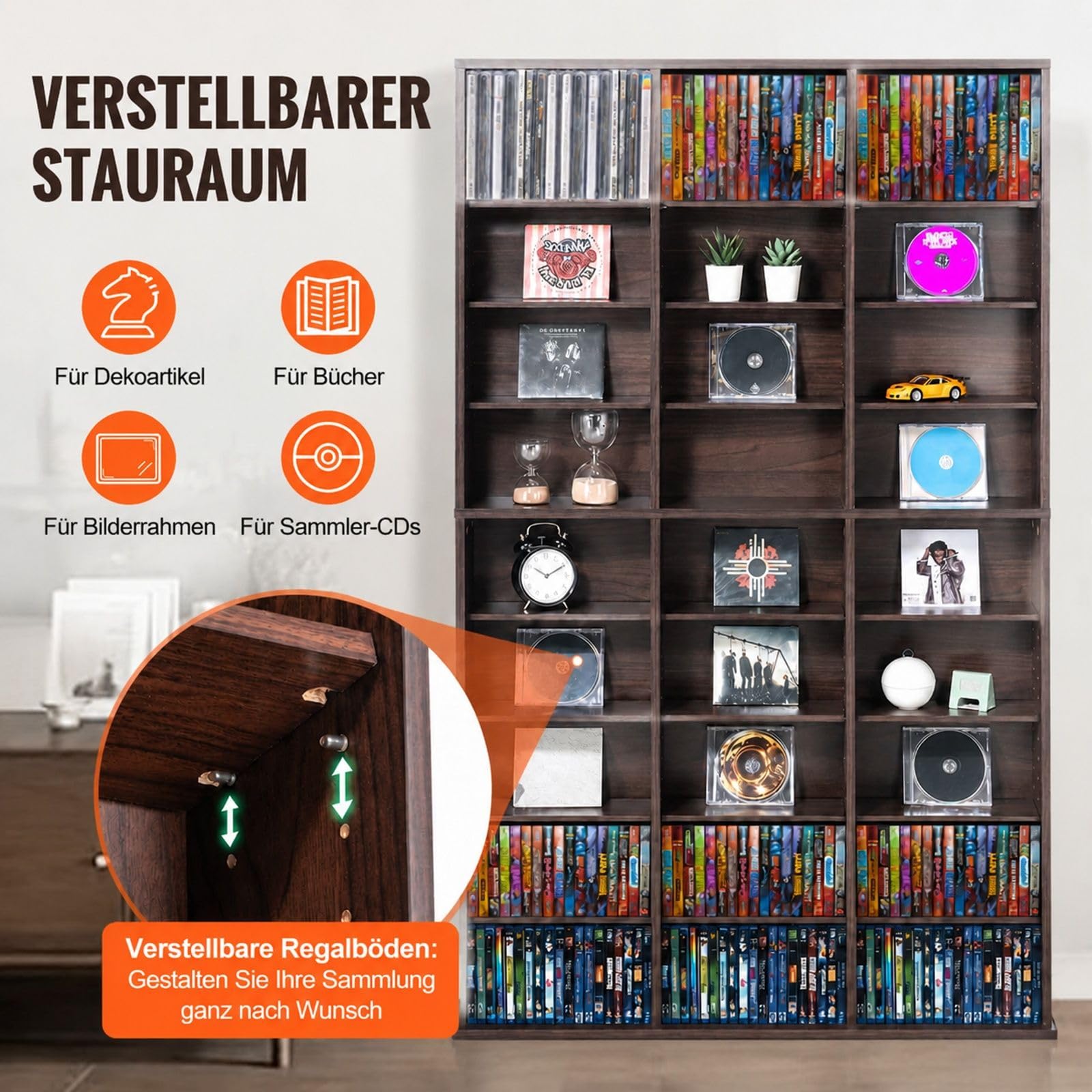 Medien Aufbewahrungsschrank in Espresso mit 27 Fächern und verstellbaren Regalen für DVDs und CDs