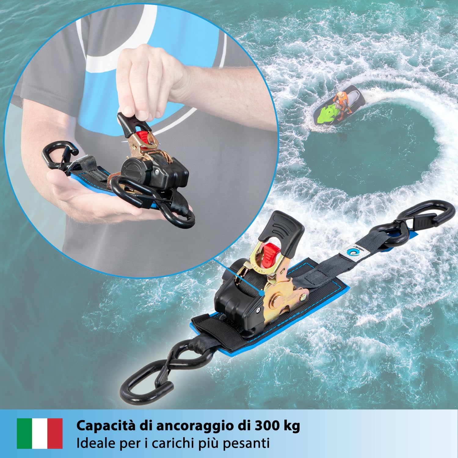 valonic RACOON - 2x 3m cinghie di fissaggio automatico, 25mm, 300/600 Kg, imbottito, EN-12195-2 - con gancio, con cricchetto, nero, per moto