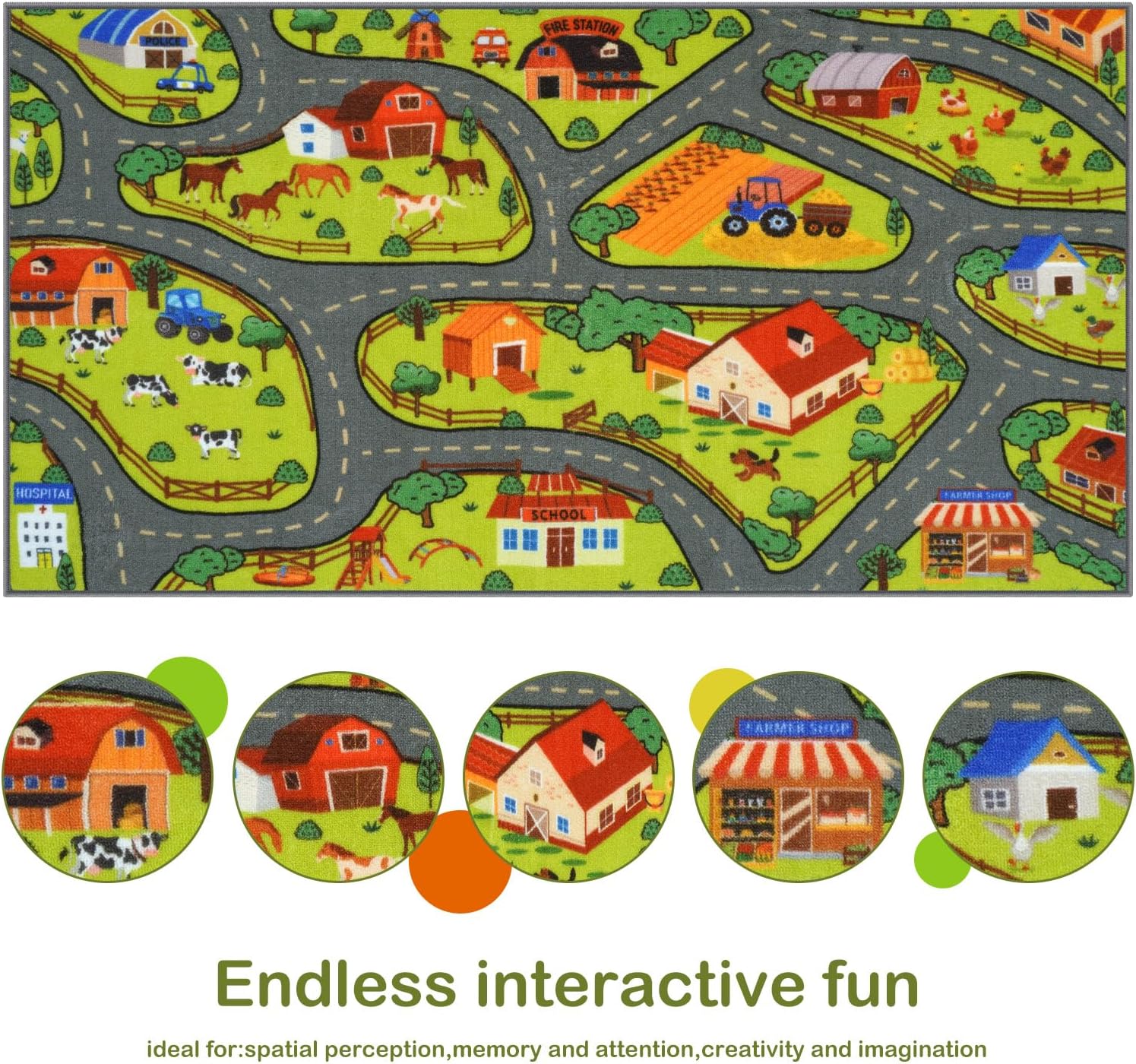 STARUIA 60" x 32" Washable Kids Rug for Playroom, Boys Baby Car Rugs for Kids Toy Cars Have Fun Safely, Educational Farm Road Play Rug Race Track Car Carpets for Kid Room Bedroom Nursery