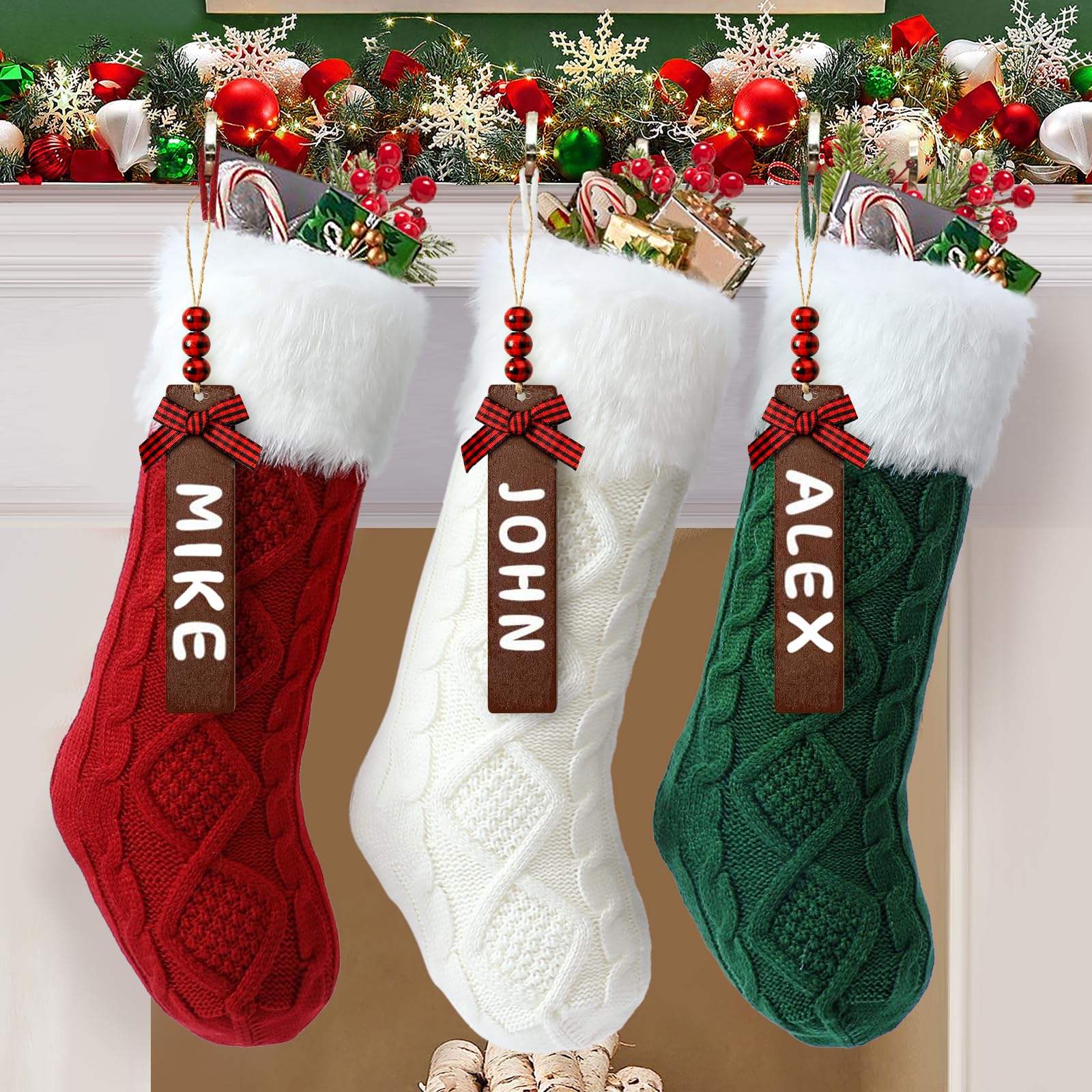 bolukets Personalized Christmas Stockings, Large Kids Christmas Stocking Bags Hanging Socks with Name Tags for Christmas Decorations (Knitted Plush 3 Pack)