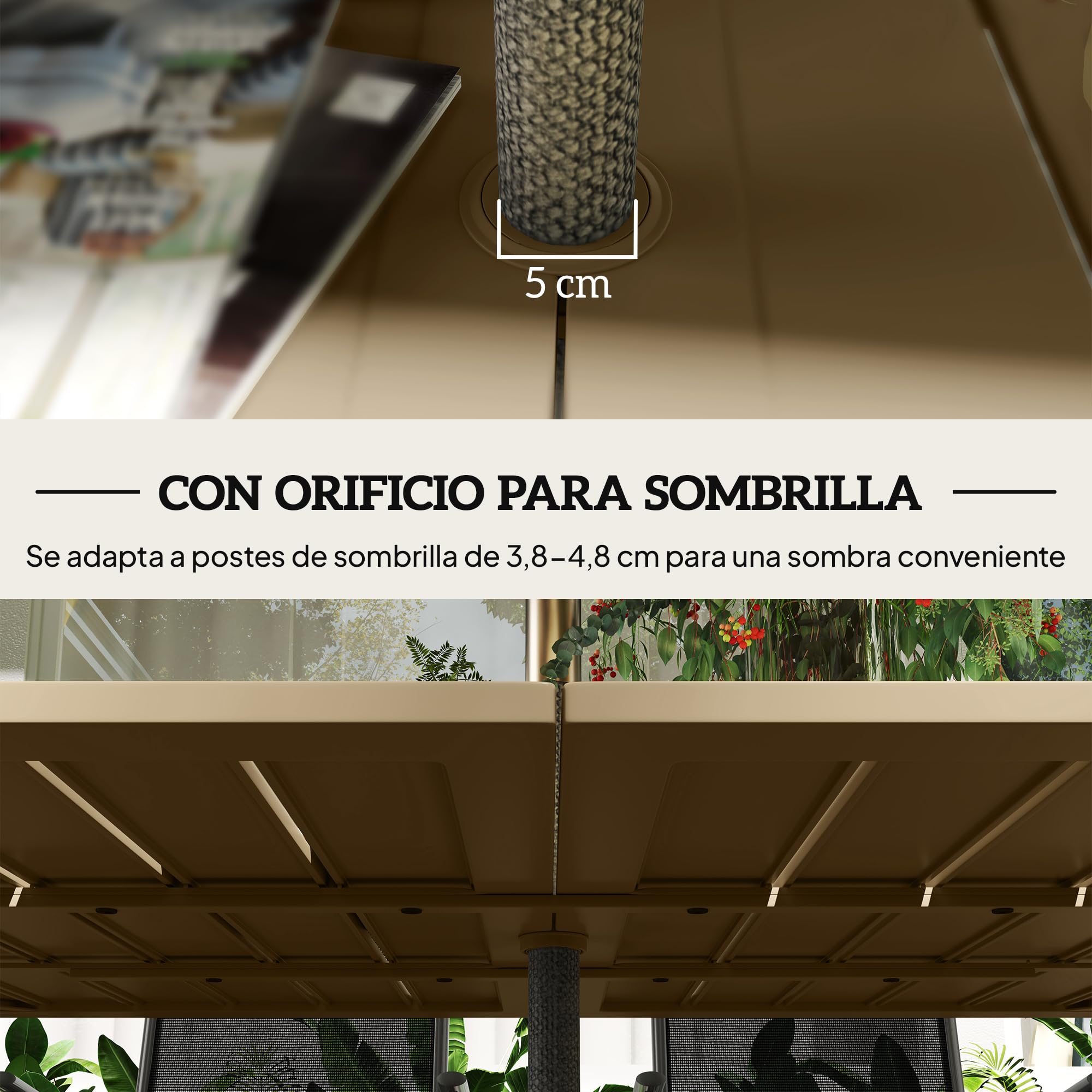 Outsunny Mesa de Jardín Rectangular con Patas de Acero 150x90x73 cm Marrón | Mesa de Terraza Exterior, Orificio para Sombrilla, Diseño de Listones, Carga 70 kg, para Terraza Patio