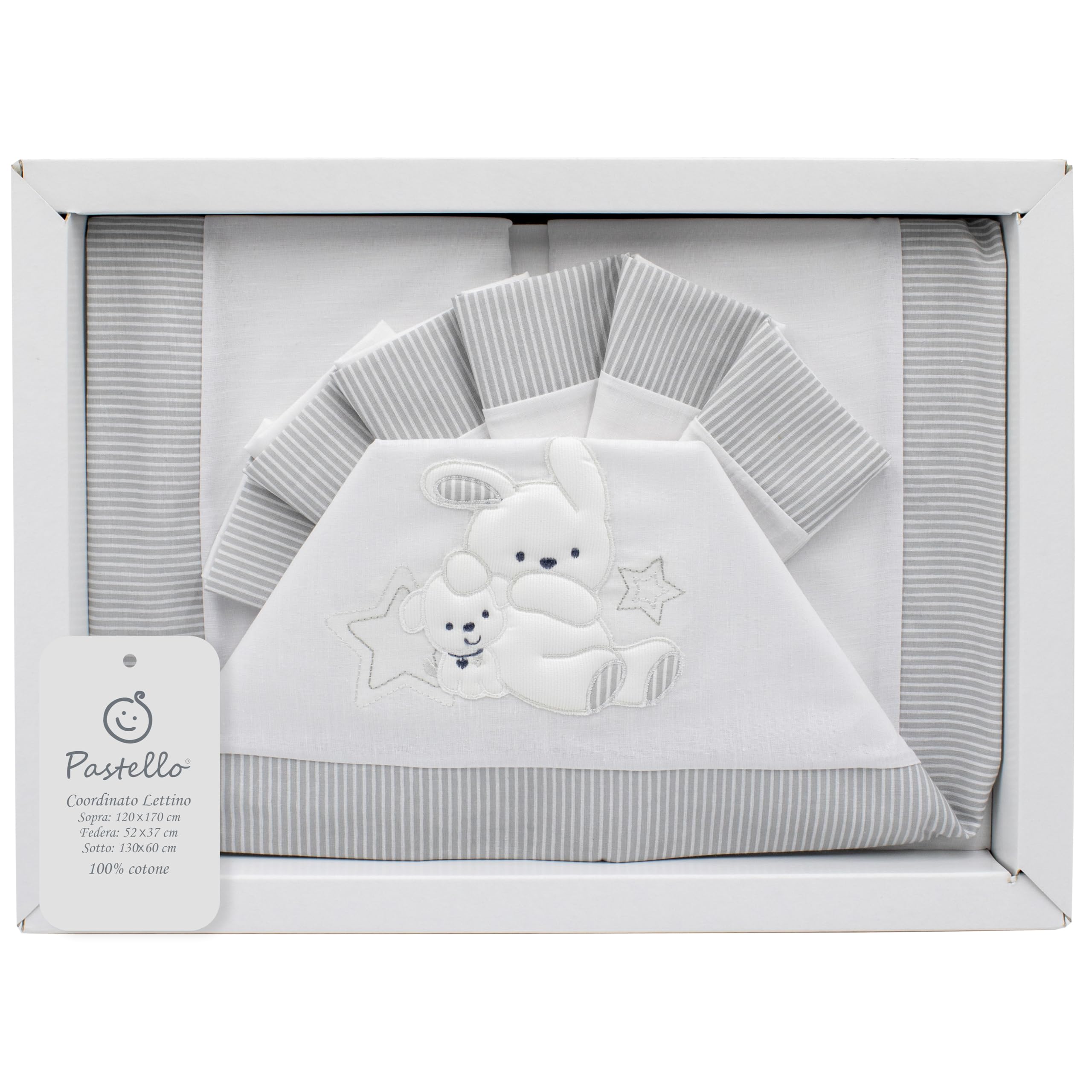 PASTELLO - Juego de cama para cuna de 3 piezas, 100% algodón para recién nacidos, juego completo de sábanas con bordado (Art. LL1F, PERLA)