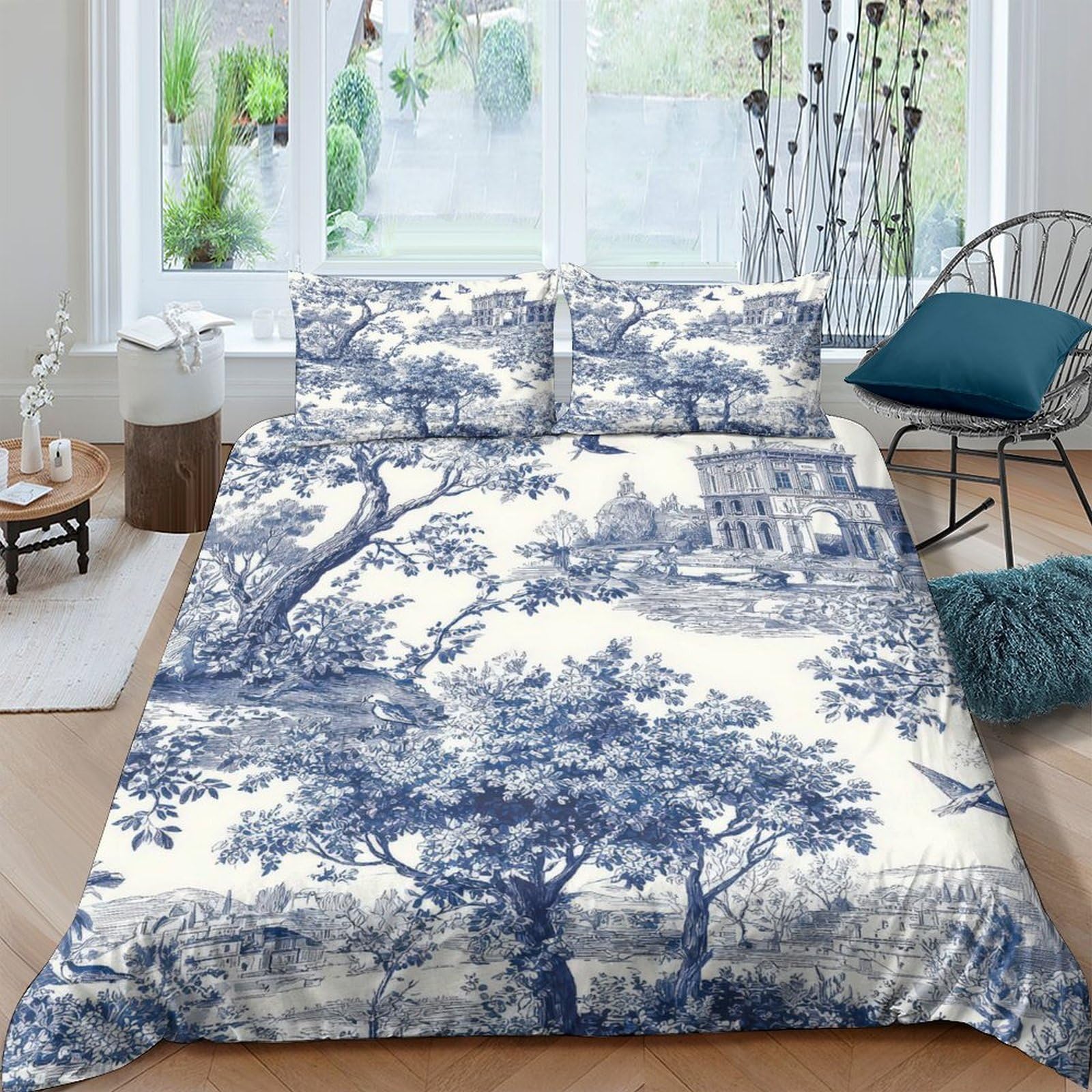 GPLZQXKJNH 3D Printed Blue Vintage Landscape Duvet Cover Microfiber Soft Classic Toile Quilt Cover Set with 2 Pillowcases for Bedroom Decor All Seasons Single（135x200cm）
