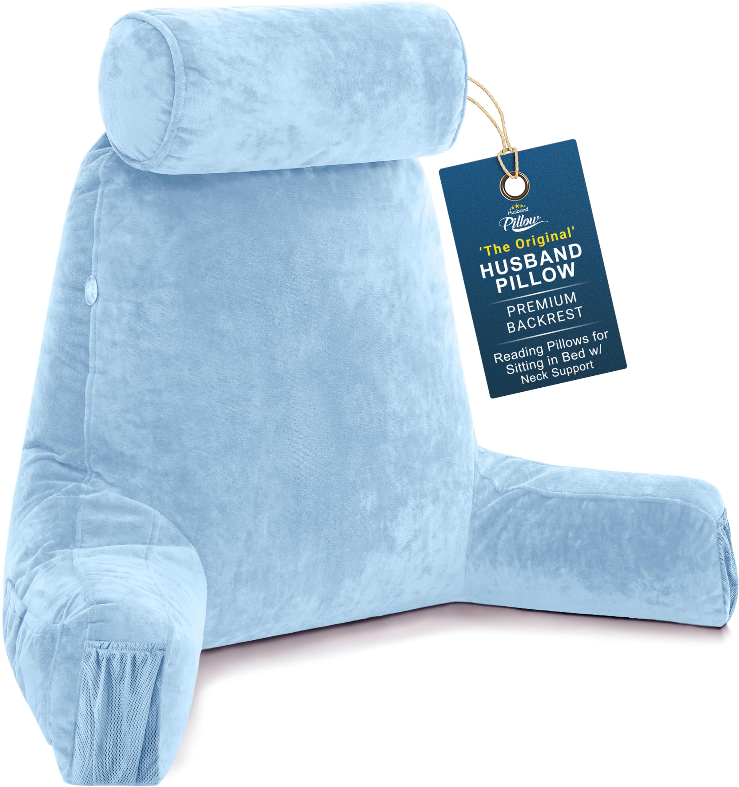 Husband Pillow Medium Reading Pillow with Arms - 23" Backrest for Sitting Up in Bed - Firm Support Bed Rest Pillow for Adults, Neck Roll, Removable Cover - TV, Reading, Lounging - Sky Blue