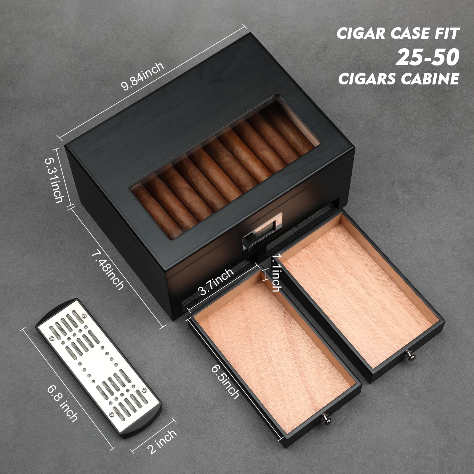 Humidificador de puros con 2 cajones, accesorios para puros, caja de madera de cedro maciza, regalos para hombres, humidificador de cristal, funda