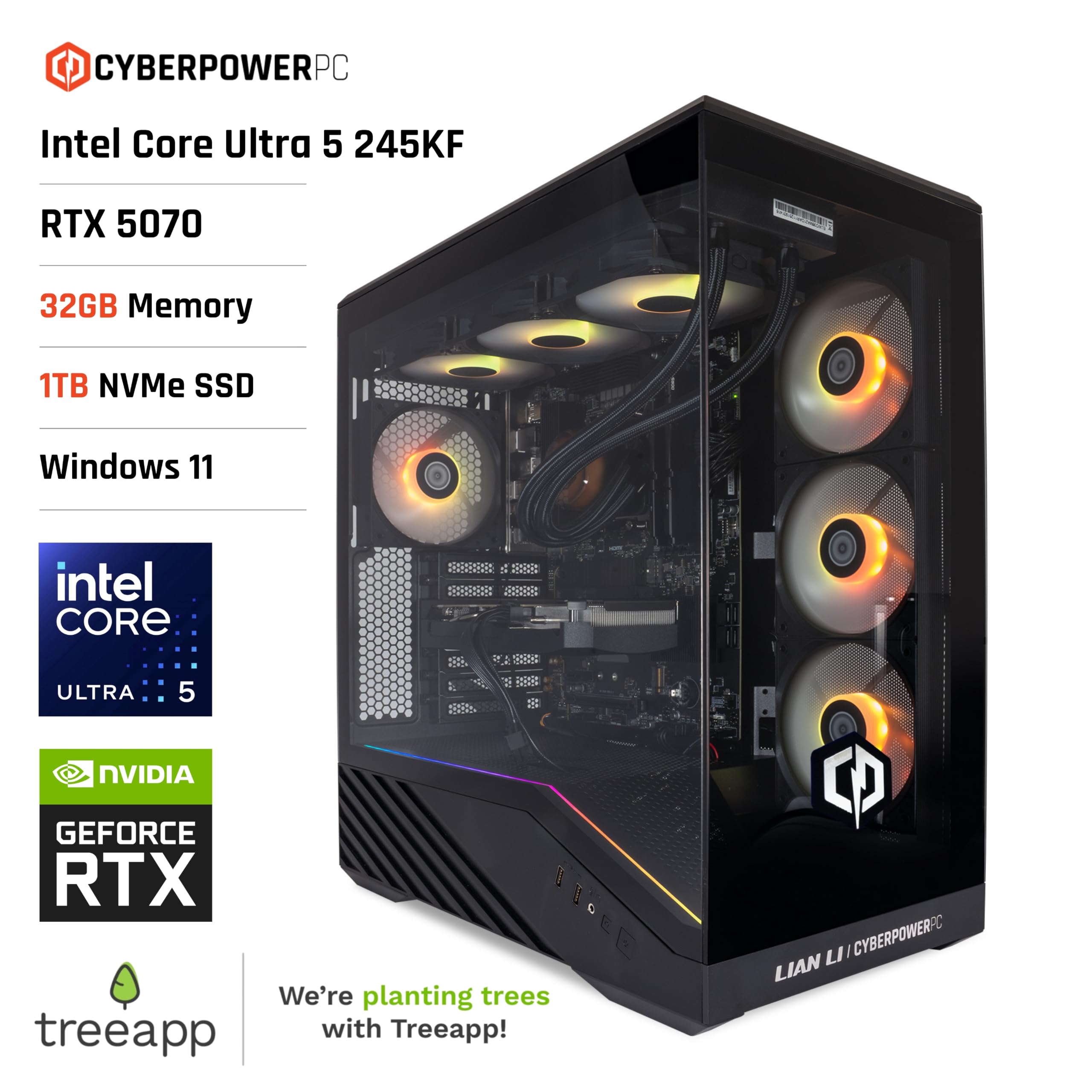 CyberPowerPC Luxe Gaming PC - Intel Core Ultra 5 245KF, Nvidia RTX 5070, 32GB RAM, 1TB NVMe SSD, 650W PSU, Wi-Fi, Windows 11, Liquid Cooling, V100R