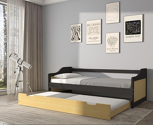 Urban Home Furniture Stella - Sofá cama de madera de pino con panel curvado con nido, cama de día tamaño individual con nido extraíble y soporte de