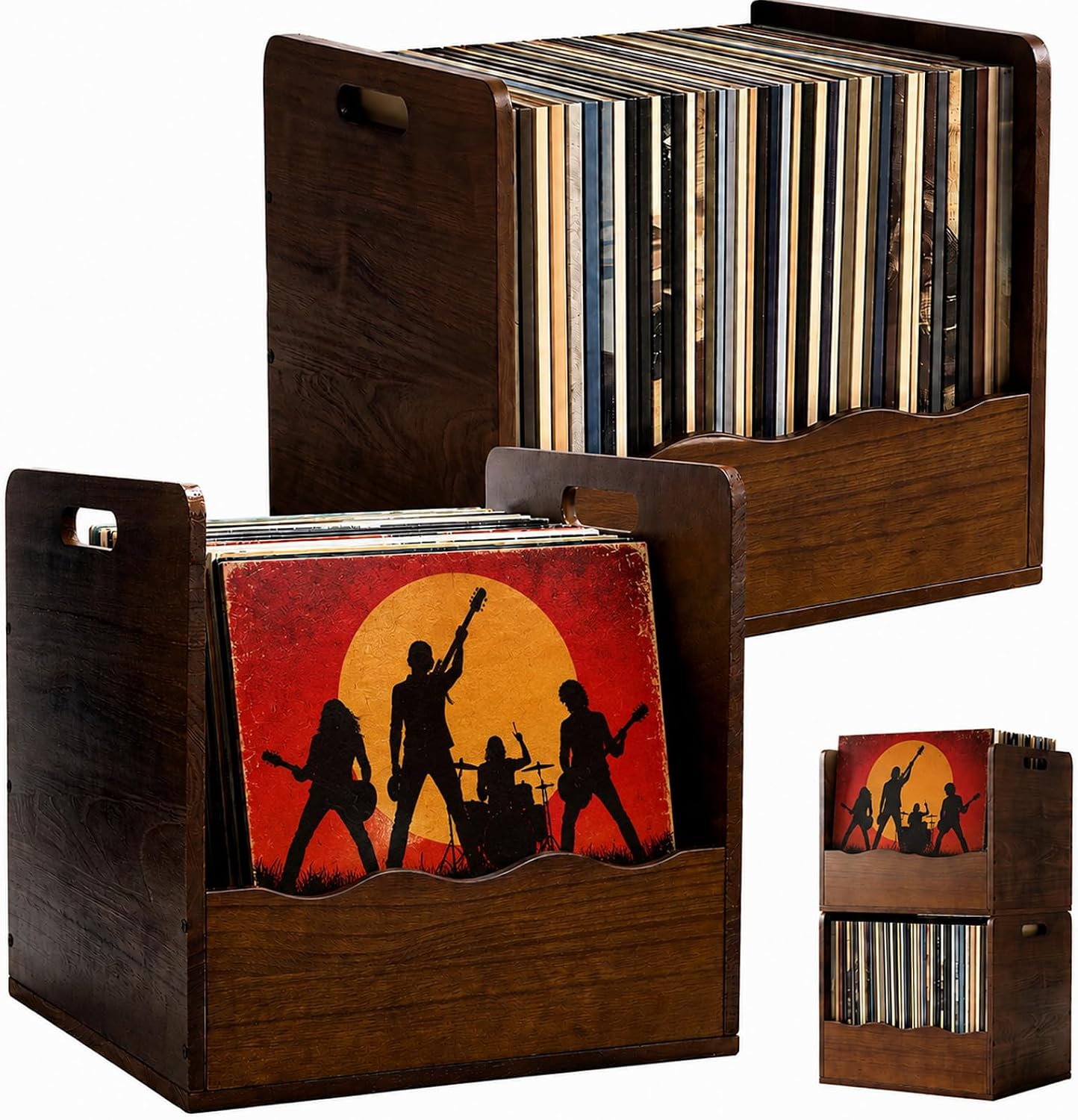 Nuanchu 2 Pack Wooden Vinyl Record Storage Crate, Scalloped Edge Lp Holder
