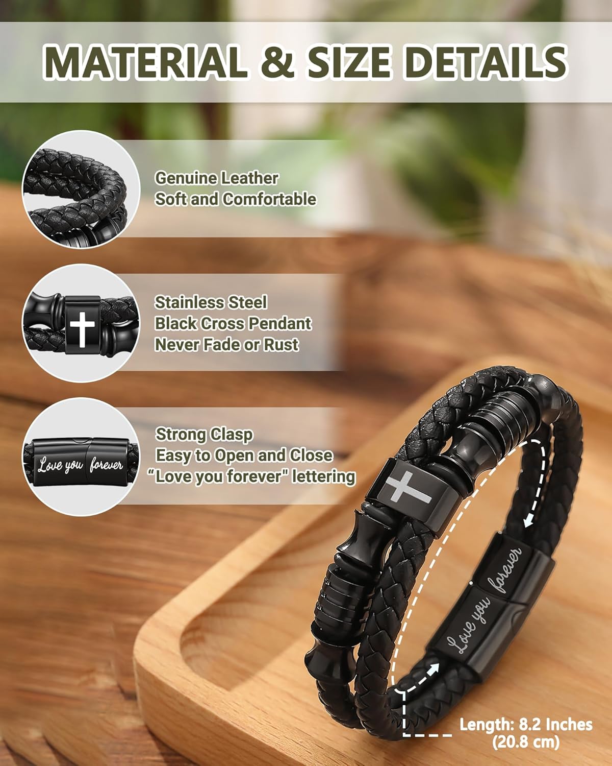 UNGENT THEM Mens Leather Cross Bracelet-Christian Baptism Confirmation Easter Christmas Birthday Gifts for Boys Him - Image 4