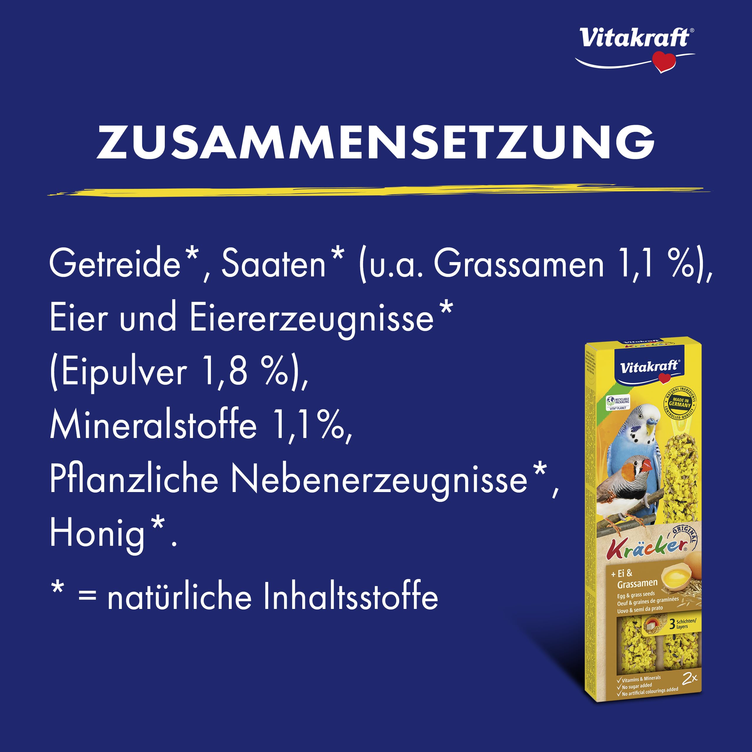Vitakraft Kräcker, mit Ei und Grassamen, Knabberstangen für Sittiche und Exoten, in Vorratsgröße, ohne Zusatz von Zucker (10x 54g)