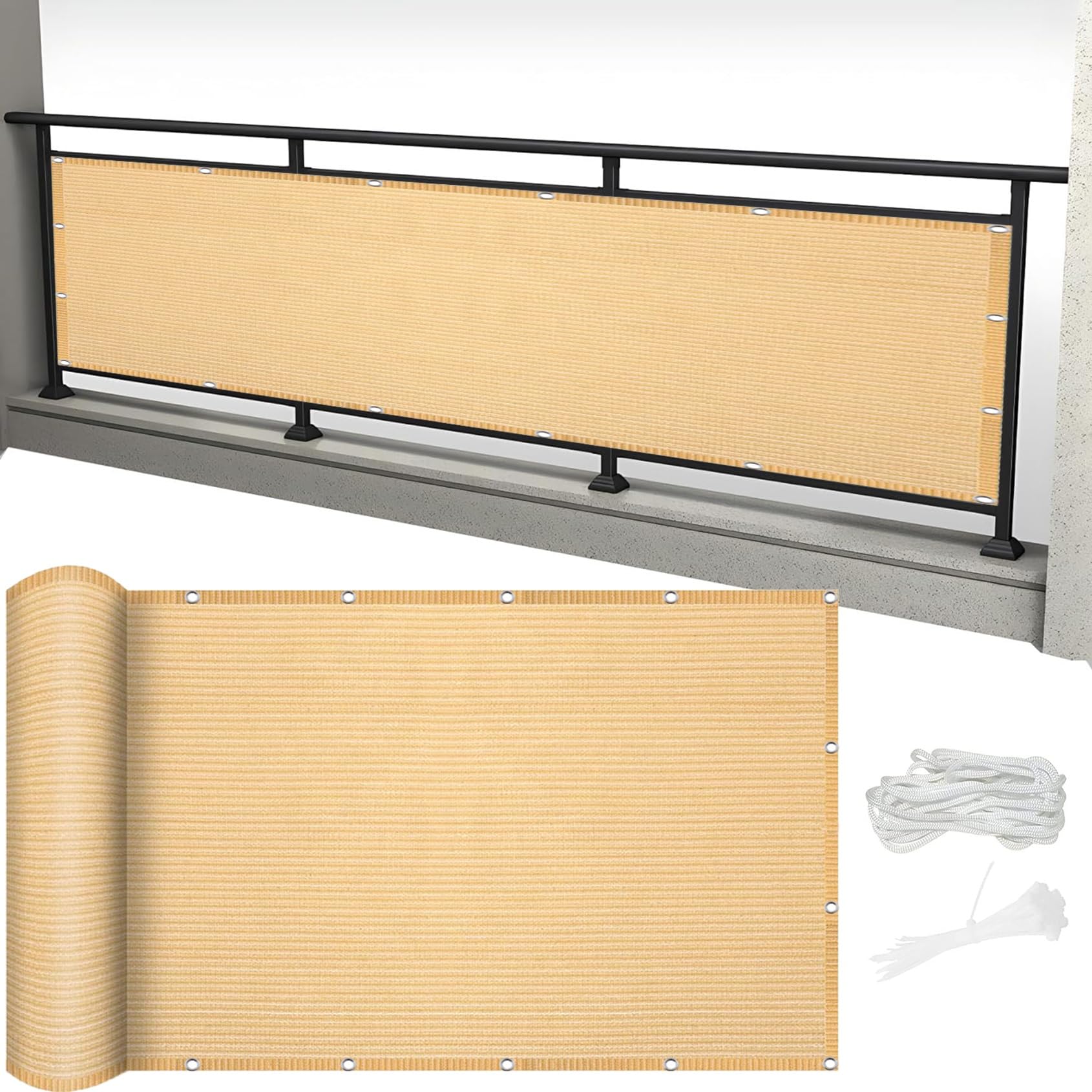 Daszek Przeciwsłoneczny Z Żaglem 150 x 800 cm, Siatka Ochronna UV Lekka I Trwała, Regulowana, Prostokątny Daszek Przeciwsłoneczny, Na Wiatę, Taras, Ogród, Kolor kremowy
