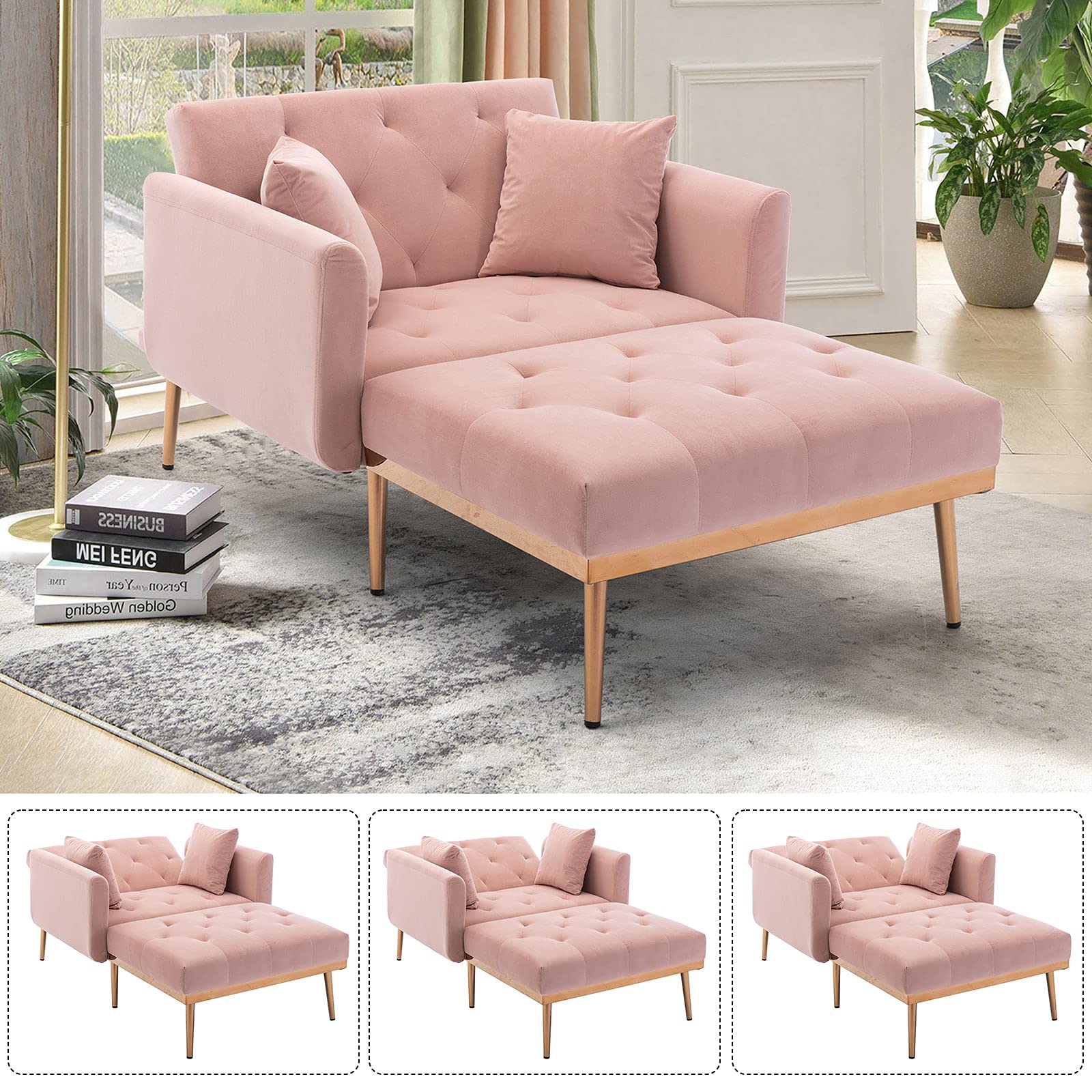 NOSGA Modern Tufted Velvet Sofa Chaise Lounge Indoor, Adjustable Backrest Lounge Sofa with Thick