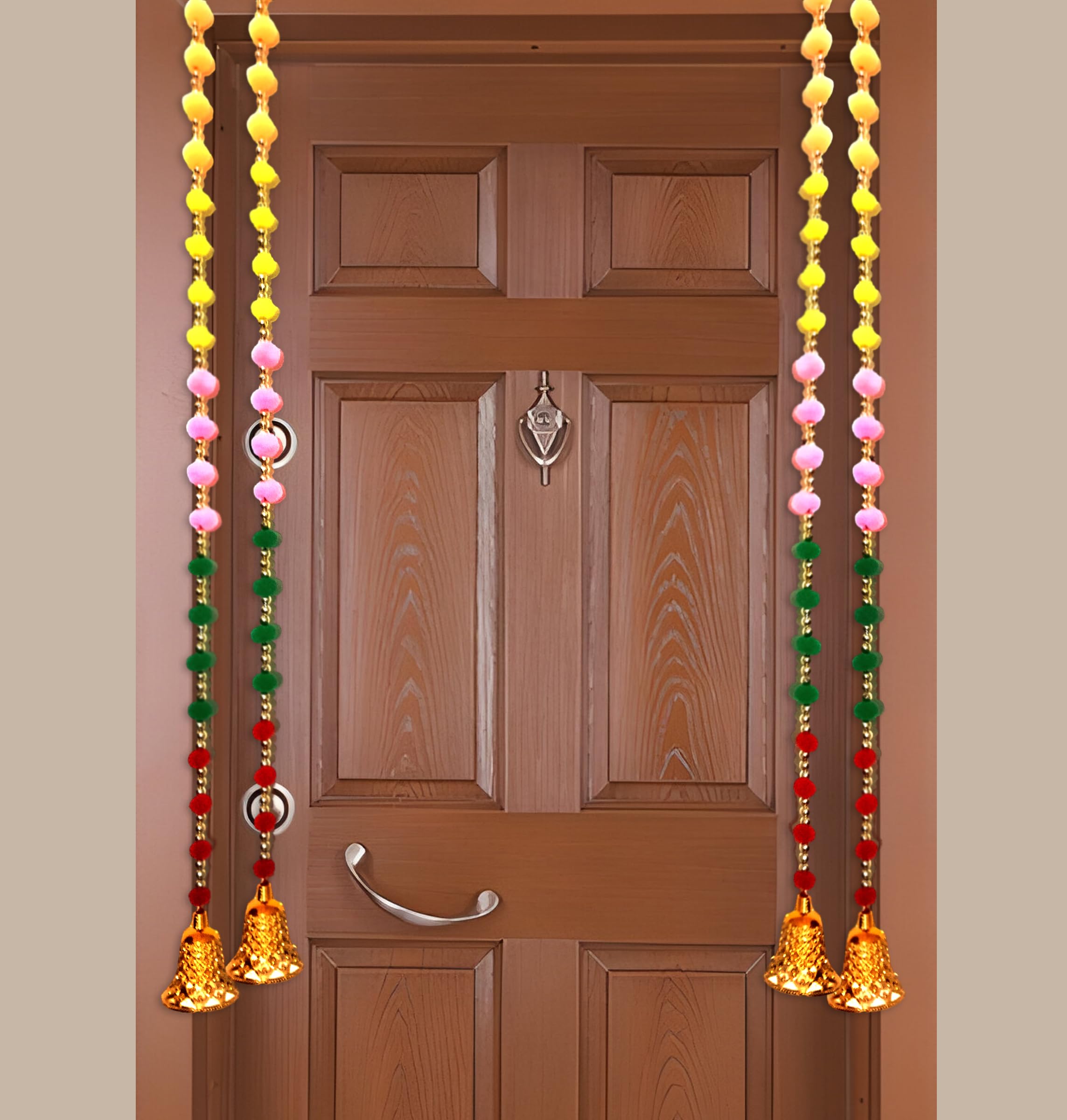 Vedax Artificial Handmade toran with Pom Pom & Golden Beads & Bell for Main Door and Wall Hanging for Home Decor, Pooja Room, Latkan for Festival Decoration (Pack of 4, Approx 80cm) in Multicolor.-image-0