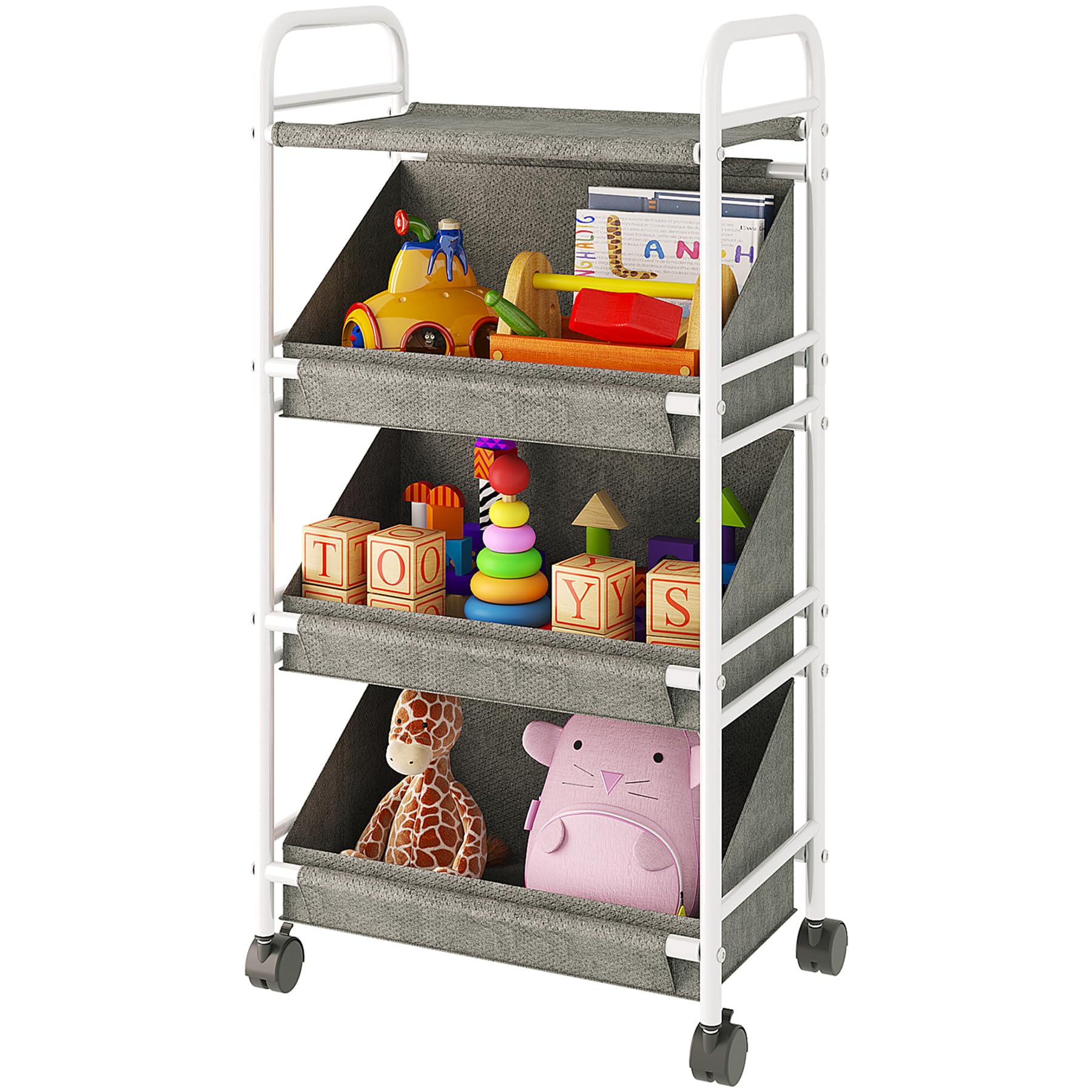 Buzowruil Utility Rolling Fabric Storage Rack Trolley Toy Cart Trolley with 3 Large Storage Boxes?Wheels, Suitable for Bedroom, Living Room, Entryway, Grey